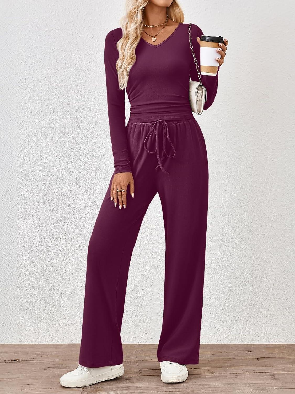 imageTrendy Queen 2 Piece Lounge Sets for Women Fall Outfits 2025 Fashion Two Piece Sweatsuits Business Casual Outfits ClothesWine Purple