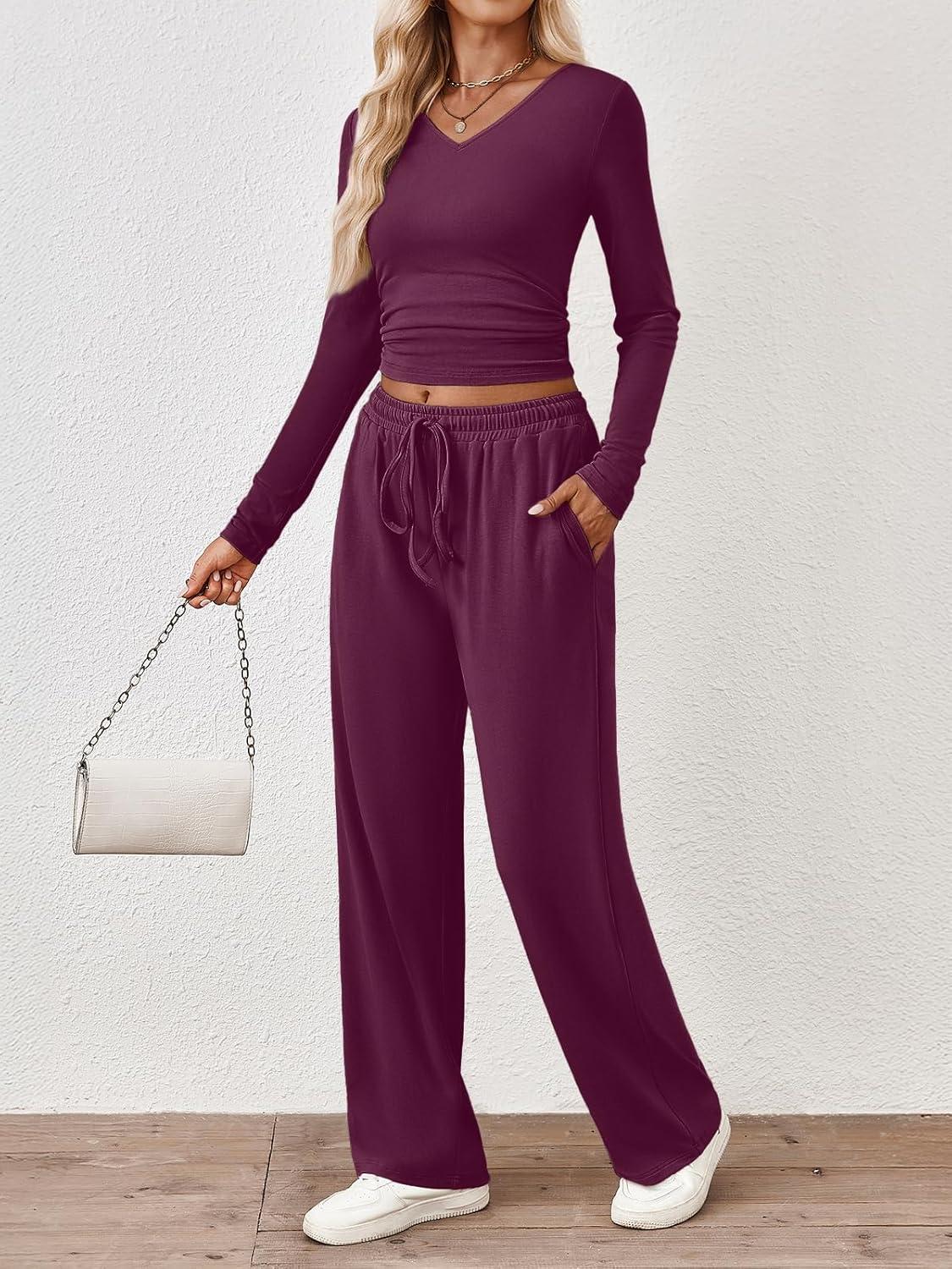 imageTrendy Queen 2 Piece Lounge Sets for Women Fall Outfits 2025 Fashion Two Piece Sweatsuits Business Casual Outfits ClothesWine Purple