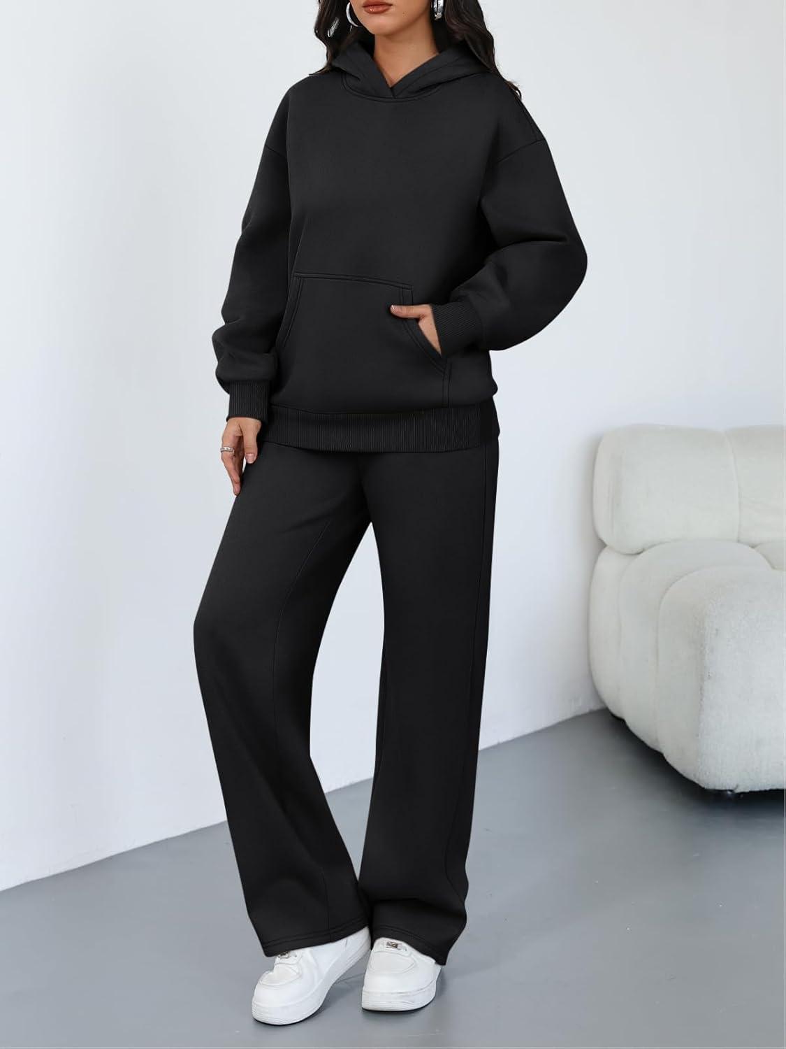 imageTrendy Queen 2 Piece Lounge Sweat Sets Plus Size Fall Fashion Matching Sweatsuits Wide Leg Pants Travel Outfit Winter ClothesBlack