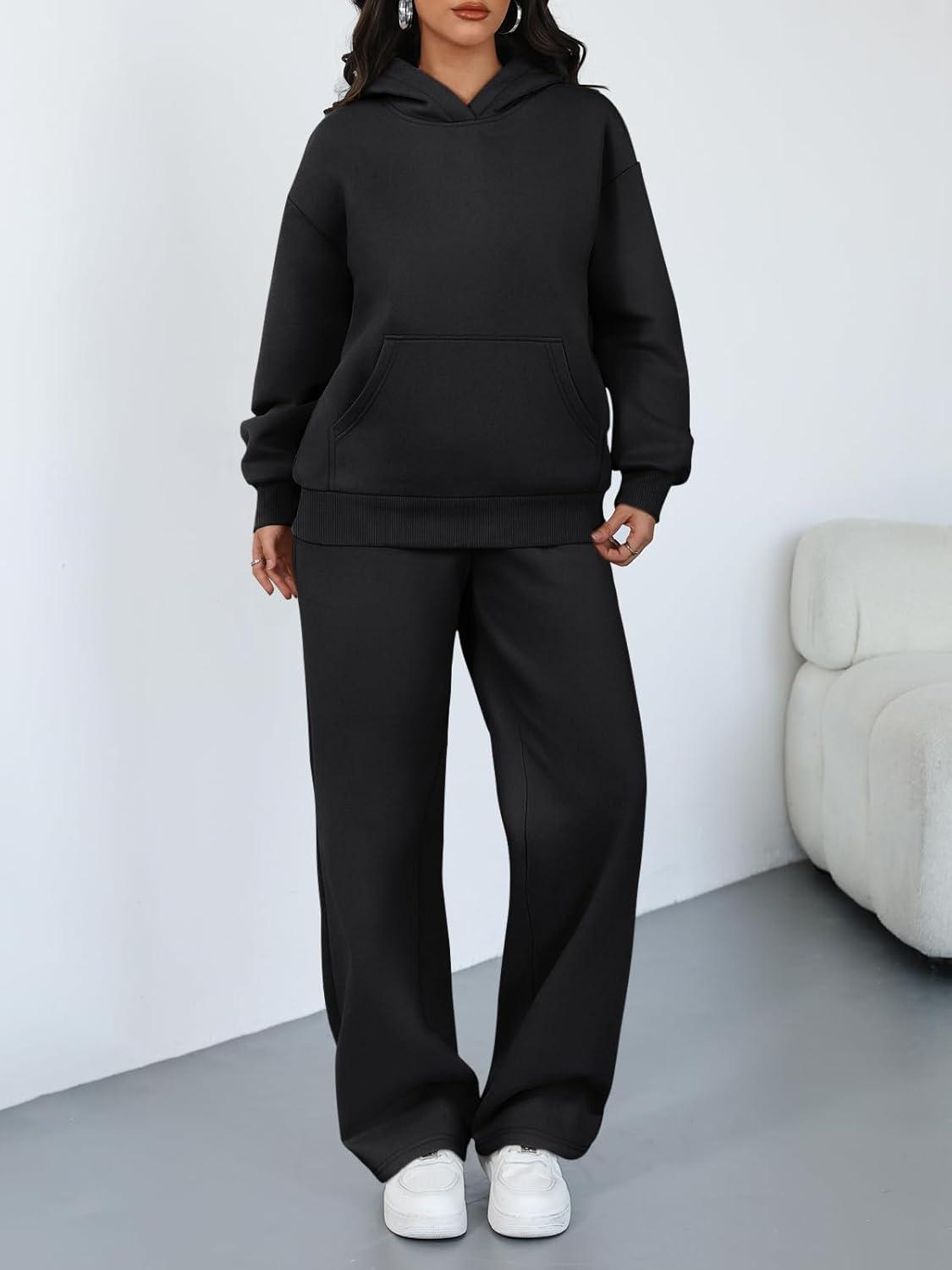 imageTrendy Queen 2 Piece Lounge Sweat Sets Plus Size Fall Fashion Matching Sweatsuits Wide Leg Pants Travel Outfit Winter ClothesBlack