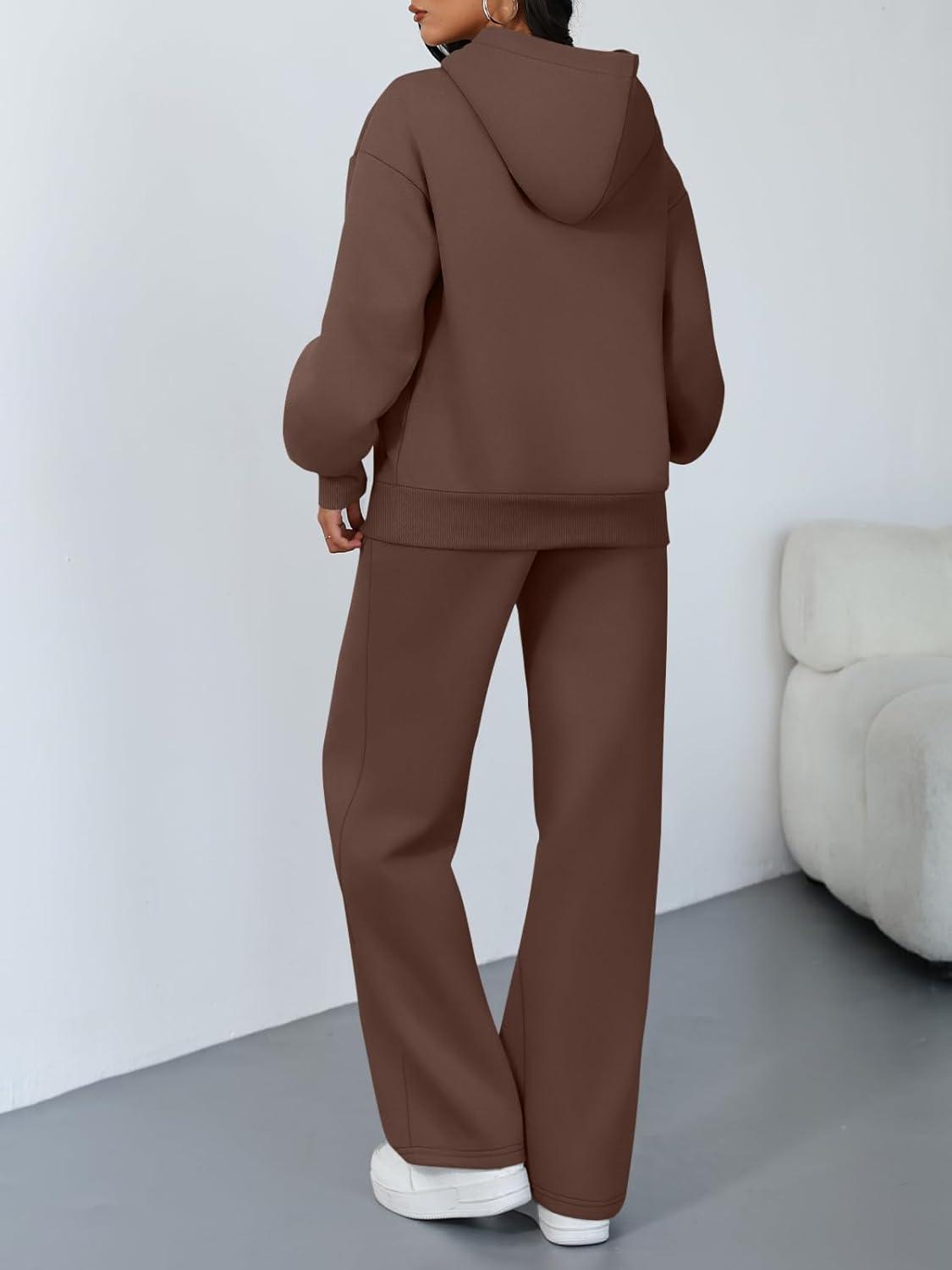 imageTrendy Queen 2 Piece Lounge Sweat Sets Plus Size Fall Fashion Matching Sweatsuits Wide Leg Pants Travel Outfit Winter ClothesBrown