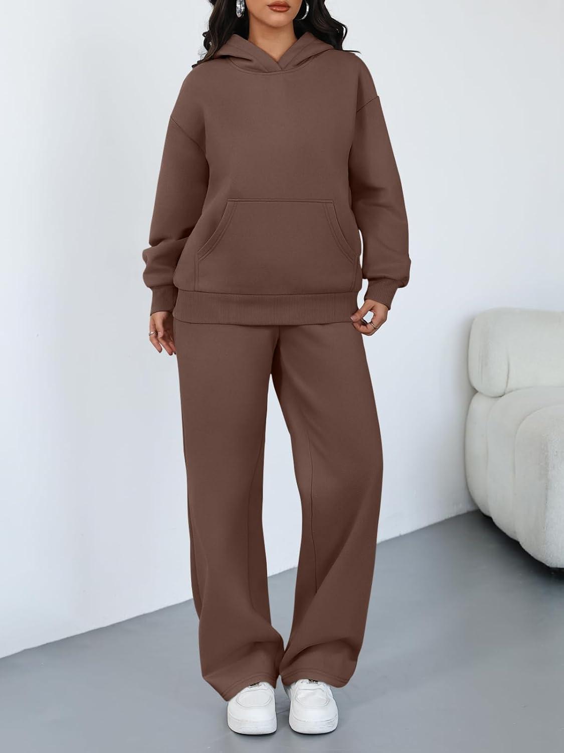 imageTrendy Queen 2 Piece Lounge Sweat Sets Plus Size Fall Fashion Matching Sweatsuits Wide Leg Pants Travel Outfit Winter ClothesBrown