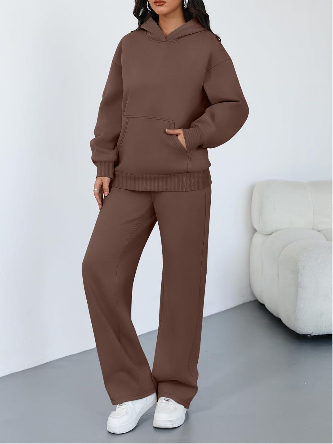 imageTrendy Queen 2 Piece Lounge Sweat Sets Plus Size Fall Fashion Matching Sweatsuits Wide Leg Pants Travel Outfit Winter ClothesBrown