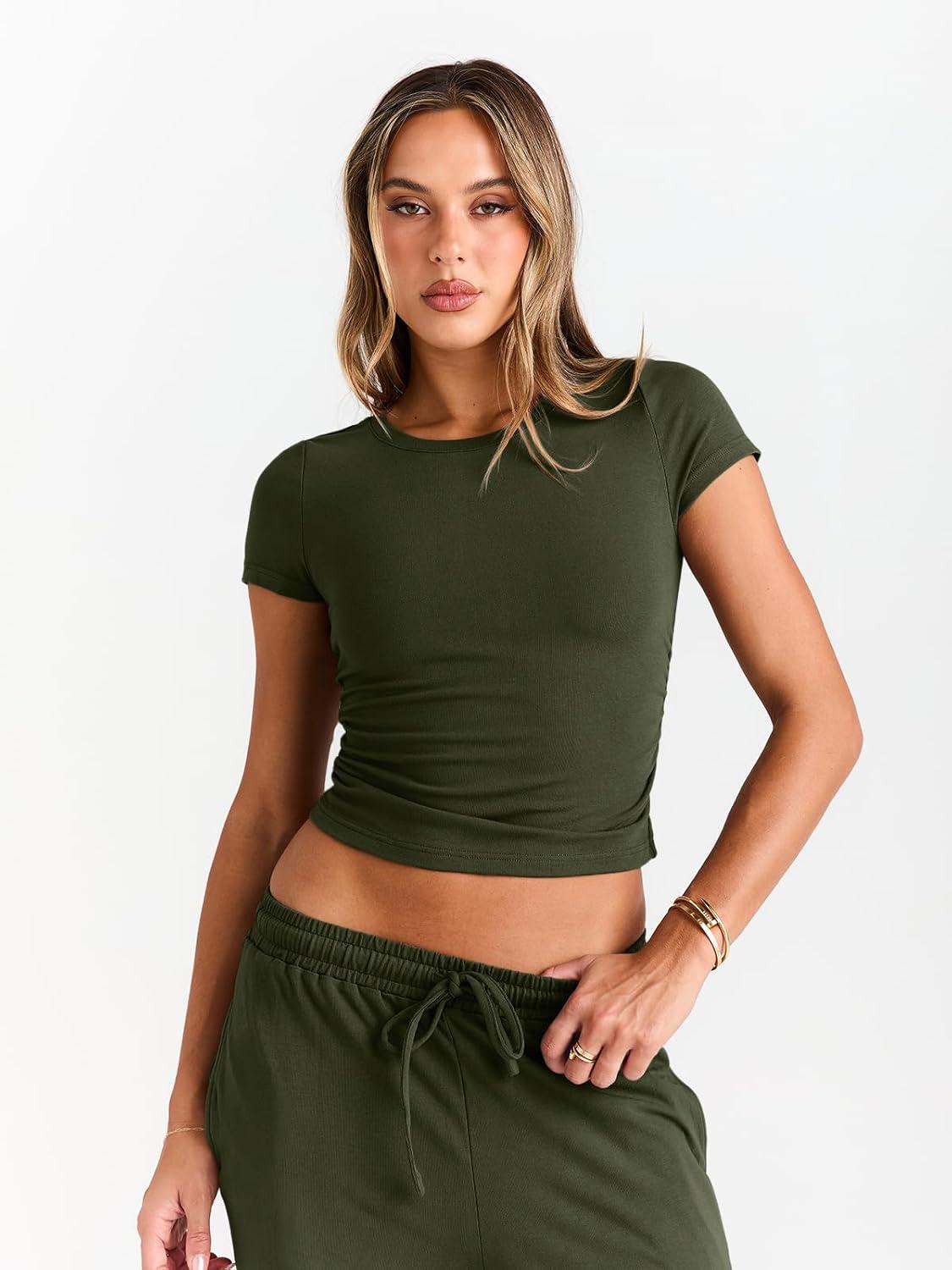 imageTrendy Queen 2 Piece Matching Summer Sweatsuit Lounge Set Womens Wide Leg Pants Side Ruching Crop Top SetsArmy Green