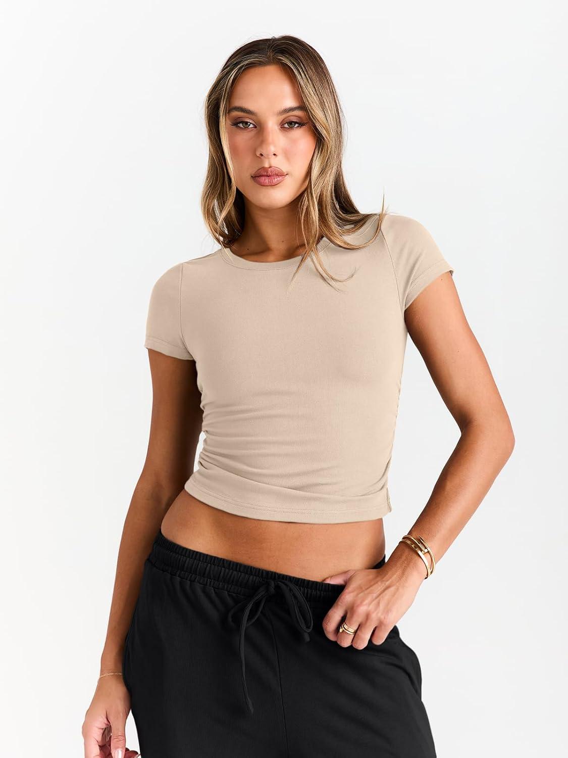 imageTrendy Queen 2 Piece Matching Summer Sweatsuit Lounge Set Womens Wide Leg Pants Side Ruching Crop Top SetsBeige Black