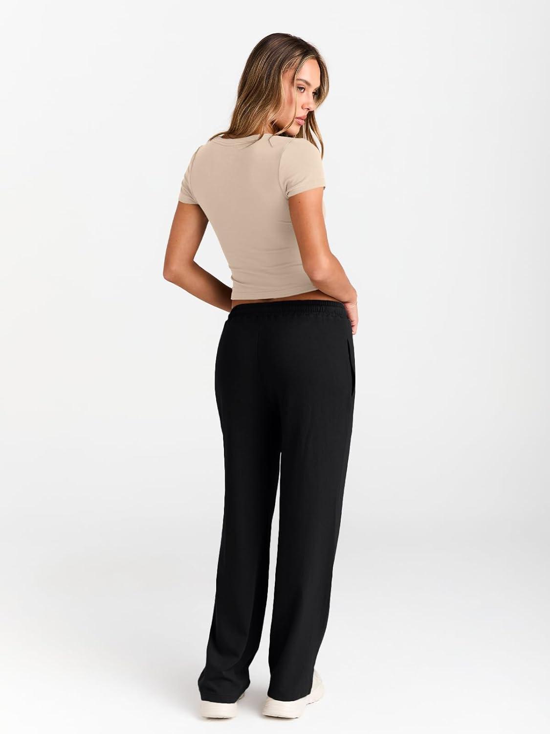 imageTrendy Queen 2 Piece Matching Summer Sweatsuit Lounge Set Womens Wide Leg Pants Side Ruching Crop Top SetsBeige Black