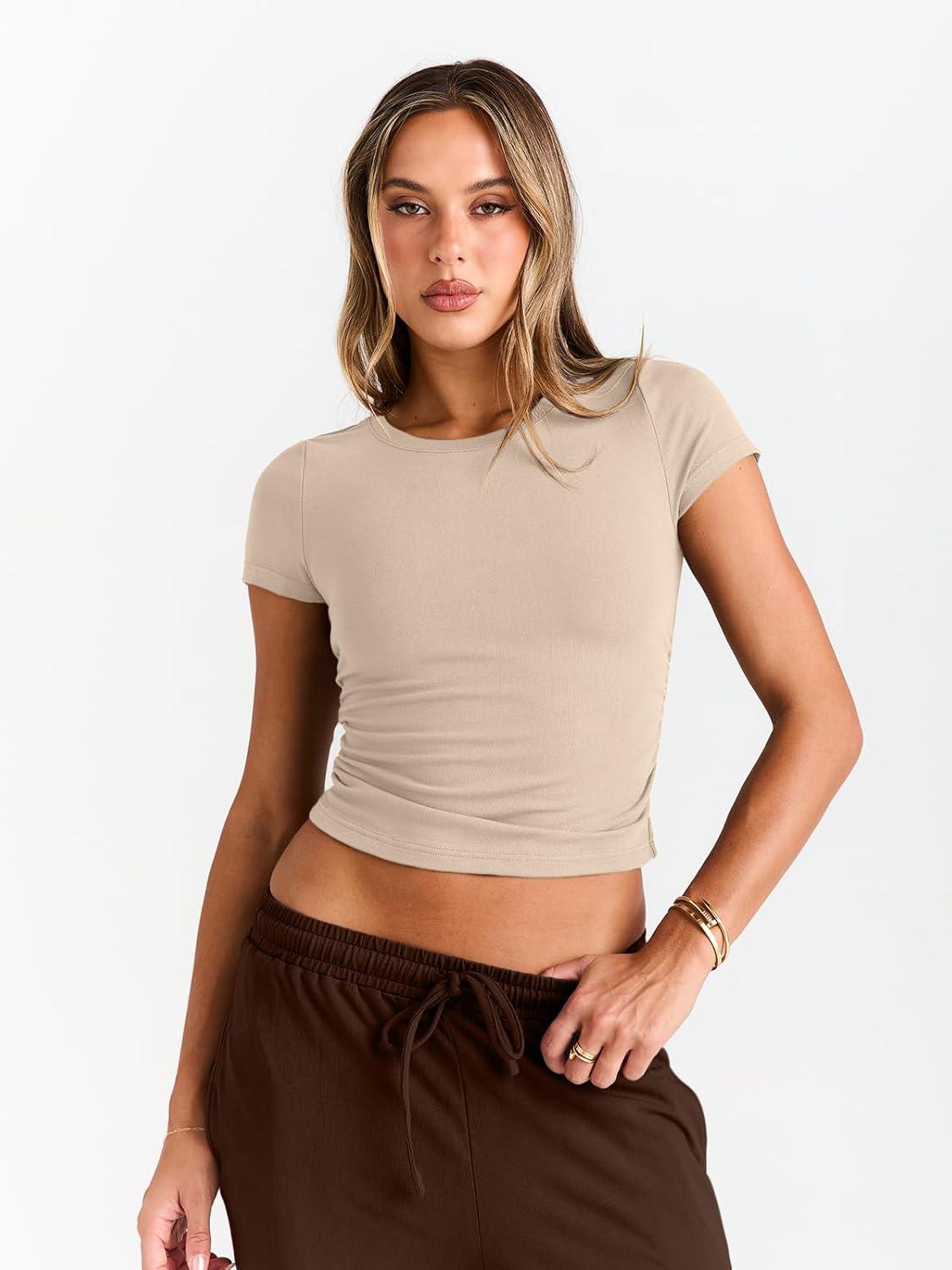 imageTrendy Queen 2 Piece Matching Summer Sweatsuit Lounge Set Womens Wide Leg Pants Side Ruching Crop Top SetsBeige Coffee