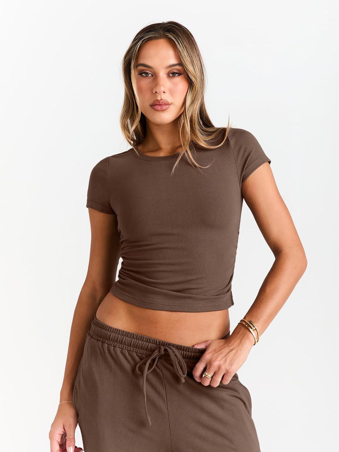 imageTrendy Queen 2 Piece Matching Summer Sweatsuit Lounge Set Womens Wide Leg Pants Side Ruching Crop Top SetsCocoa