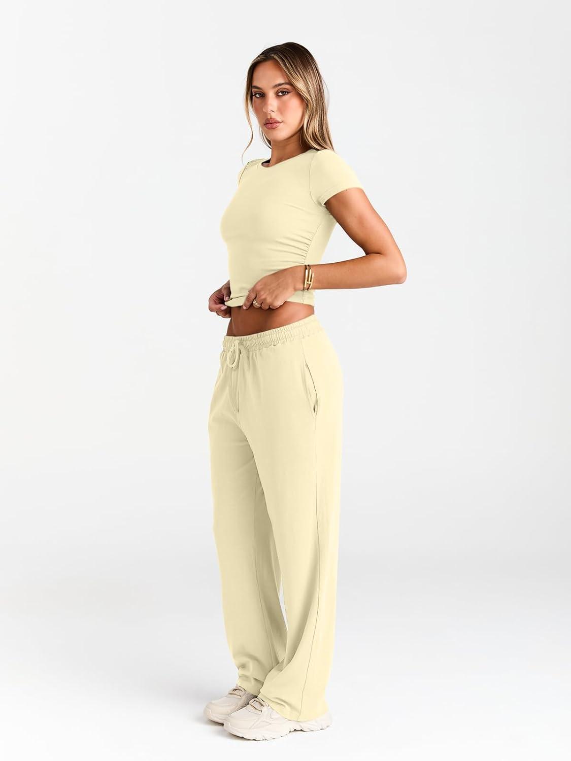 imageTrendy Queen 2 Piece Matching Summer Sweatsuit Lounge Set Womens Wide Leg Pants Side Ruching Crop Top SetsCreamy Yellow