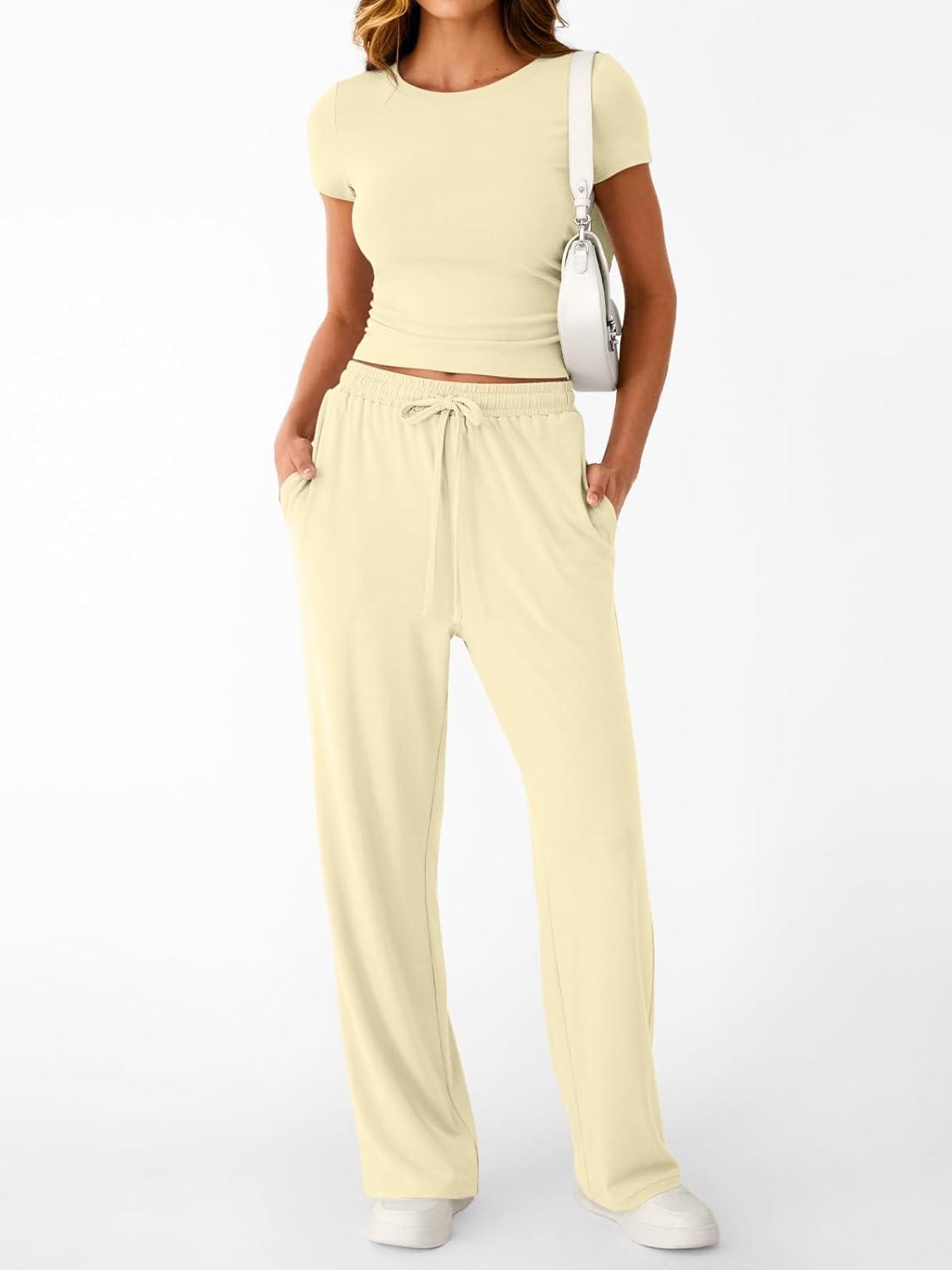 imageTrendy Queen 2 Piece Matching Summer Sweatsuit Lounge Set Womens Wide Leg Pants Side Ruching Crop Top SetsCreamy Yellow