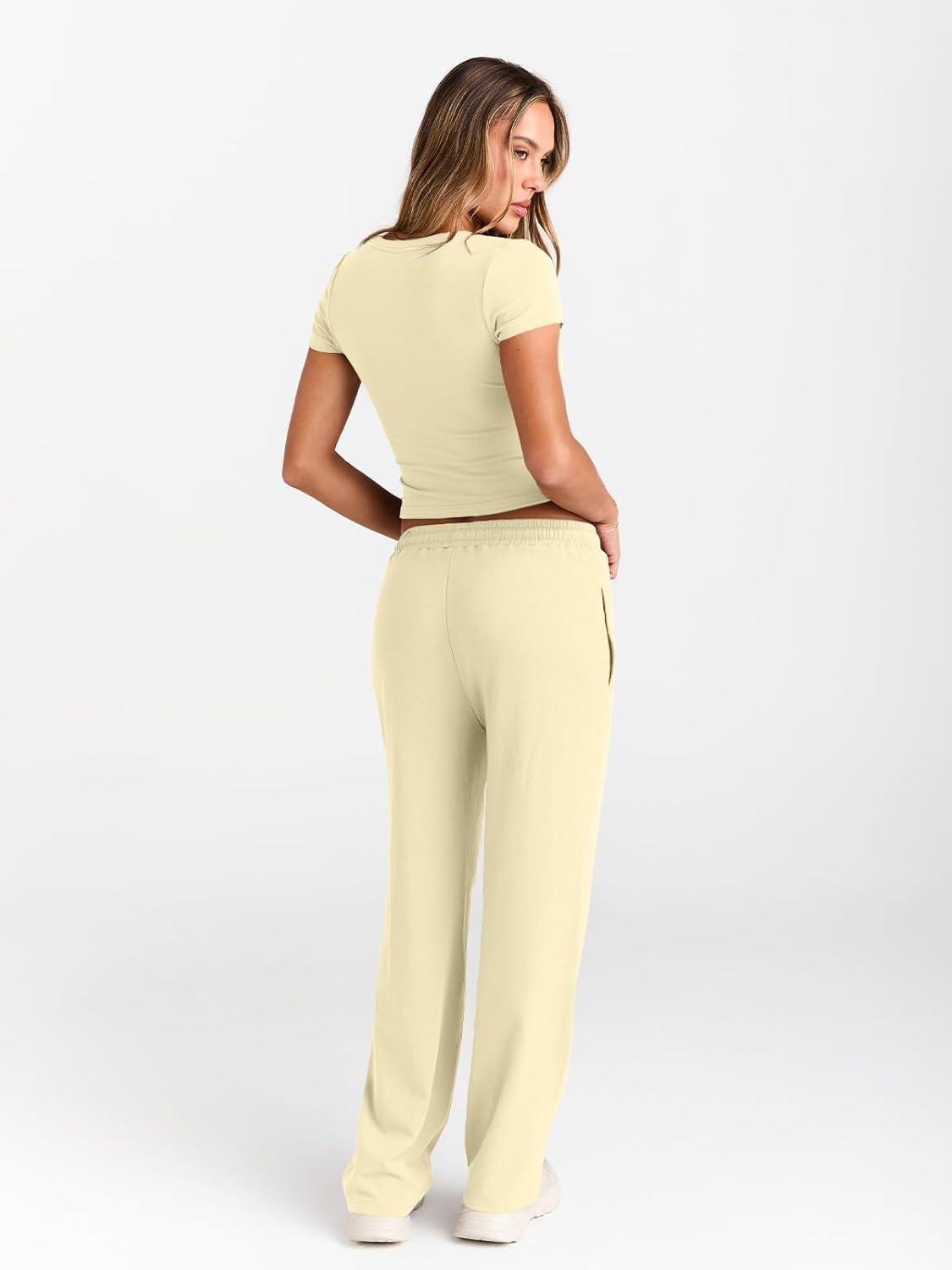 imageTrendy Queen 2 Piece Matching Summer Sweatsuit Lounge Set Womens Wide Leg Pants Side Ruching Crop Top SetsCreamy Yellow