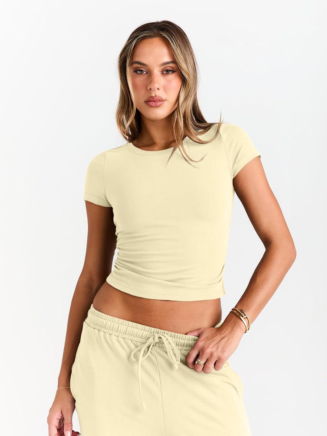 imageTrendy Queen 2 Piece Matching Summer Sweatsuit Lounge Set Womens Wide Leg Pants Side Ruching Crop Top SetsCreamy Yellow