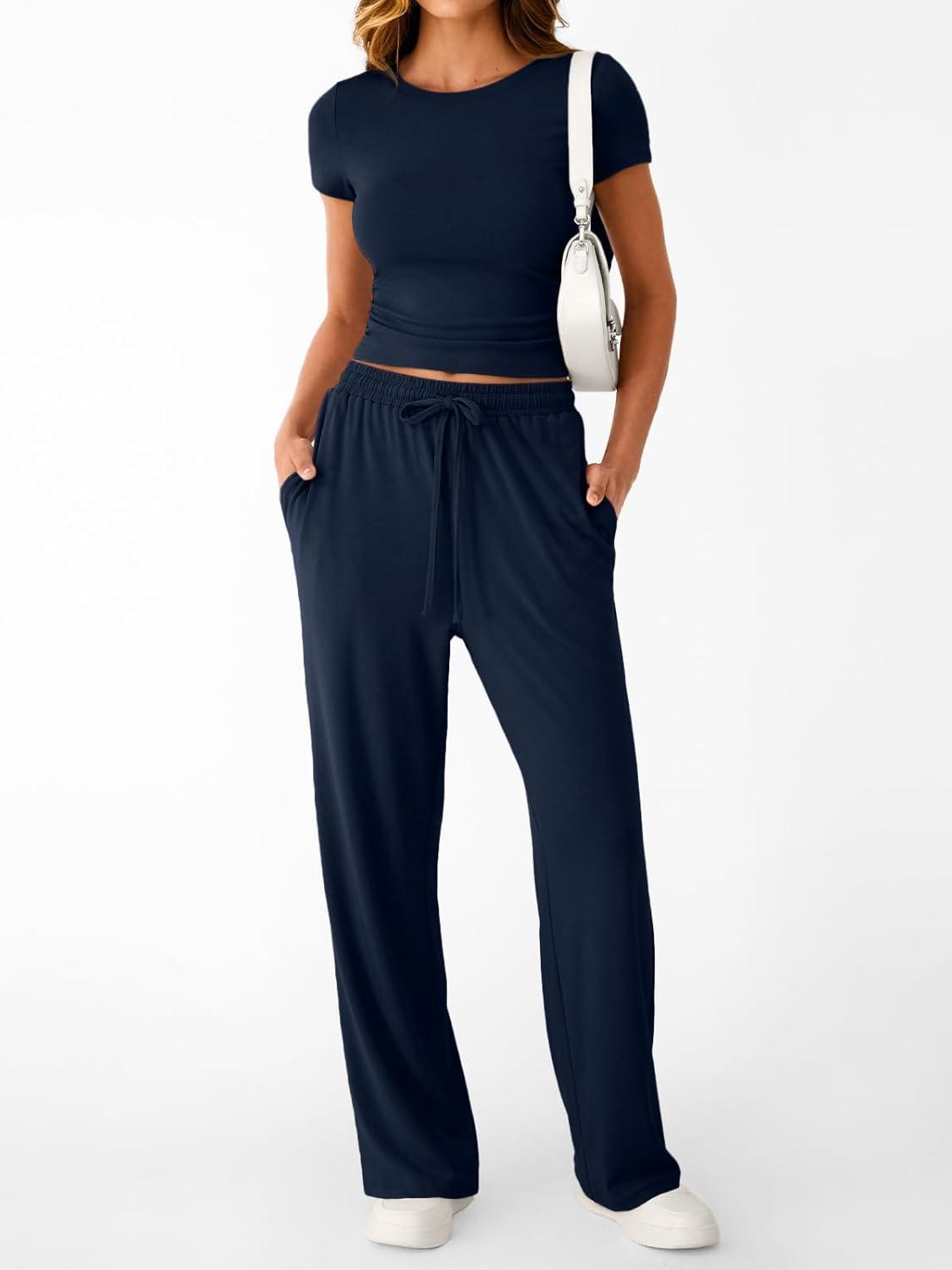 imageTrendy Queen 2 Piece Matching Summer Sweatsuit Lounge Set Womens Wide Leg Pants Side Ruching Crop Top SetsNavy