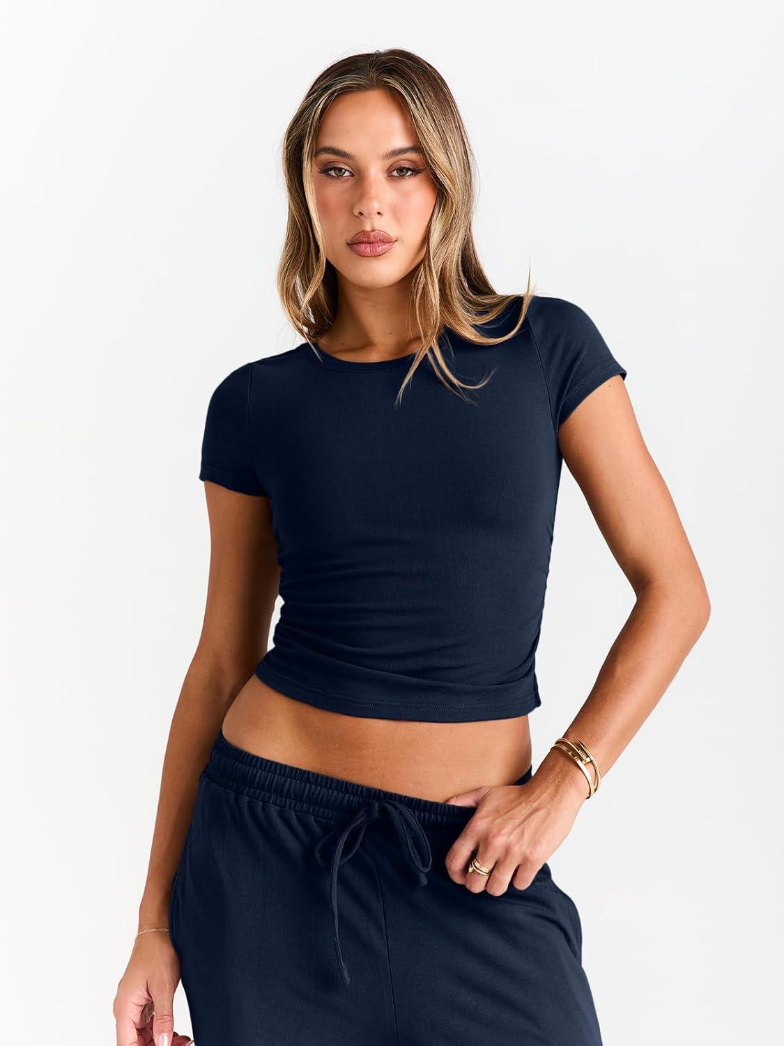 imageTrendy Queen 2 Piece Matching Summer Sweatsuit Lounge Set Womens Wide Leg Pants Side Ruching Crop Top SetsNavy