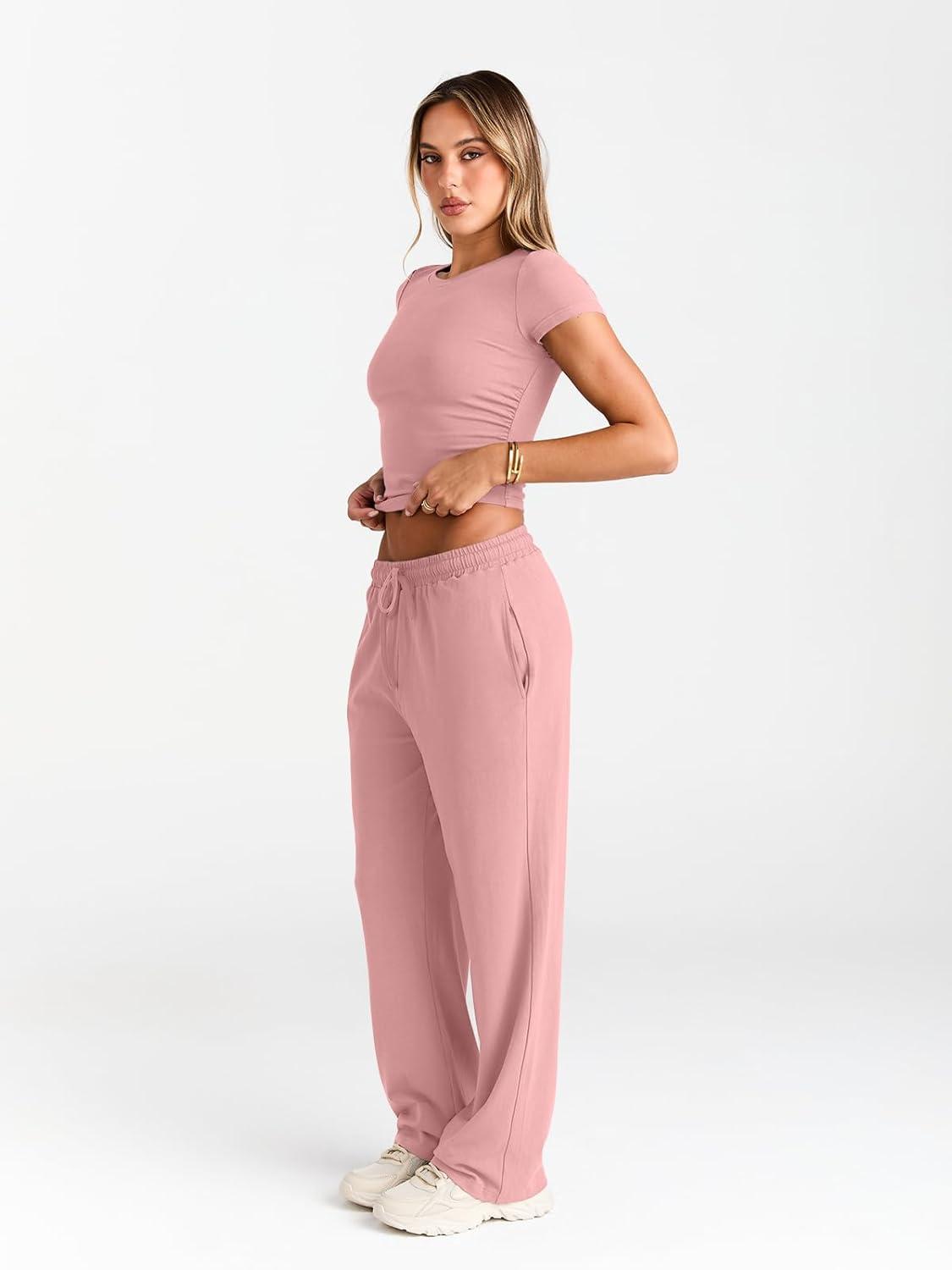 imageTrendy Queen 2 Piece Matching Summer Sweatsuit Lounge Set Womens Wide Leg Pants Side Ruching Crop Top SetsPeach