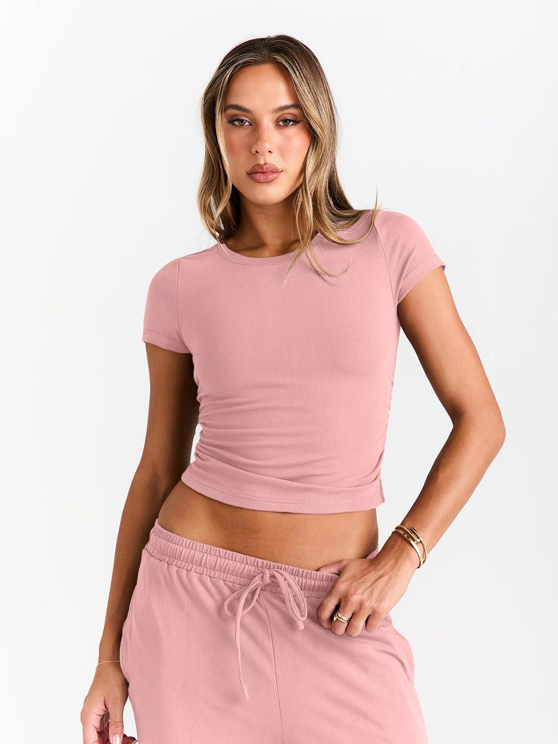 imageTrendy Queen 2 Piece Matching Summer Sweatsuit Lounge Set Womens Wide Leg Pants Side Ruching Crop Top SetsPeach