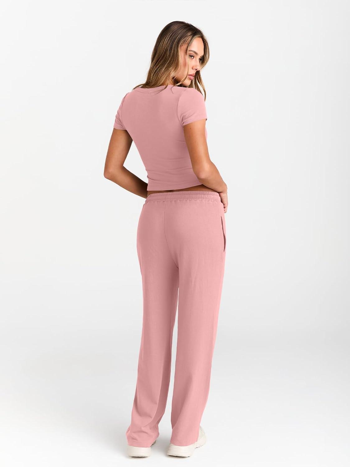 imageTrendy Queen 2 Piece Matching Summer Sweatsuit Lounge Set Womens Wide Leg Pants Side Ruching Crop Top SetsPeach