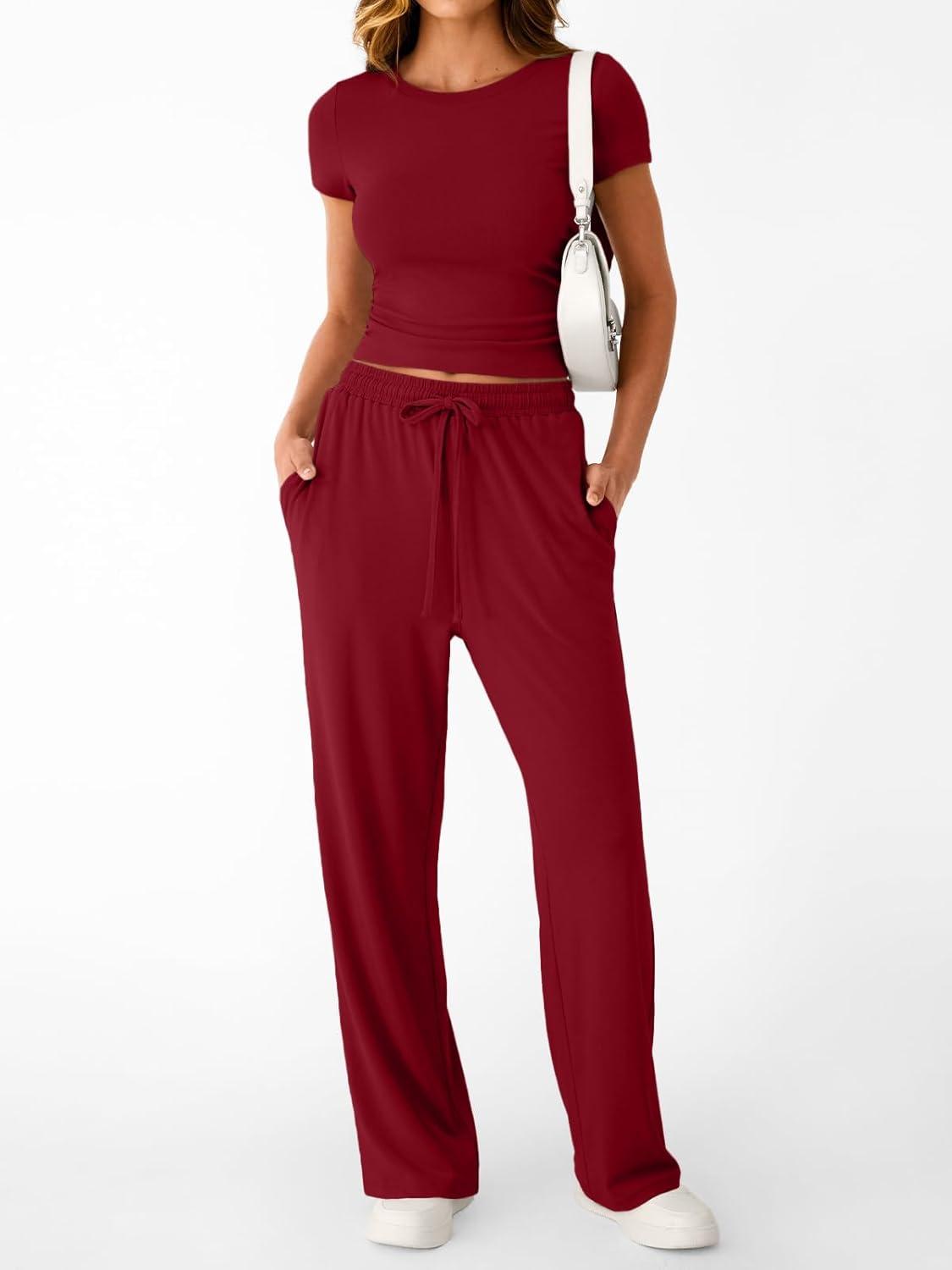 imageTrendy Queen 2 Piece Matching Summer Sweatsuit Lounge Set Womens Wide Leg Pants Side Ruching Crop Top SetsRed