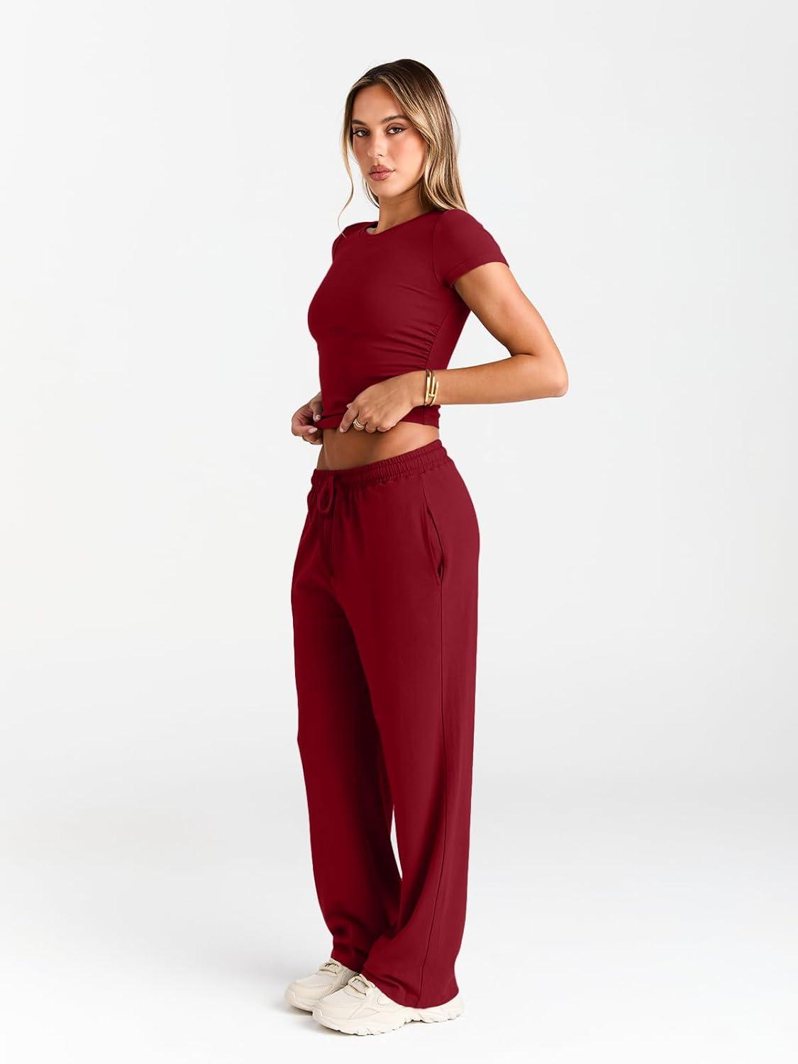 imageTrendy Queen 2 Piece Matching Summer Sweatsuit Lounge Set Womens Wide Leg Pants Side Ruching Crop Top SetsRed