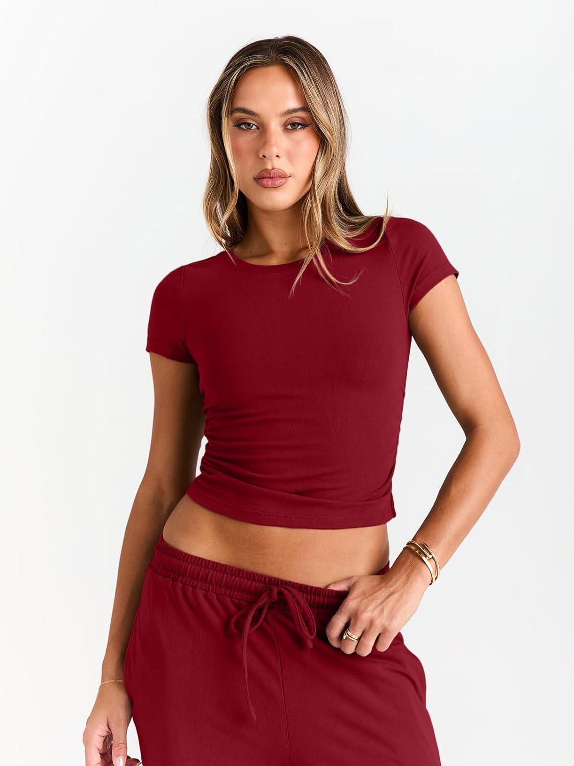 imageTrendy Queen 2 Piece Matching Summer Sweatsuit Lounge Set Womens Wide Leg Pants Side Ruching Crop Top SetsRed