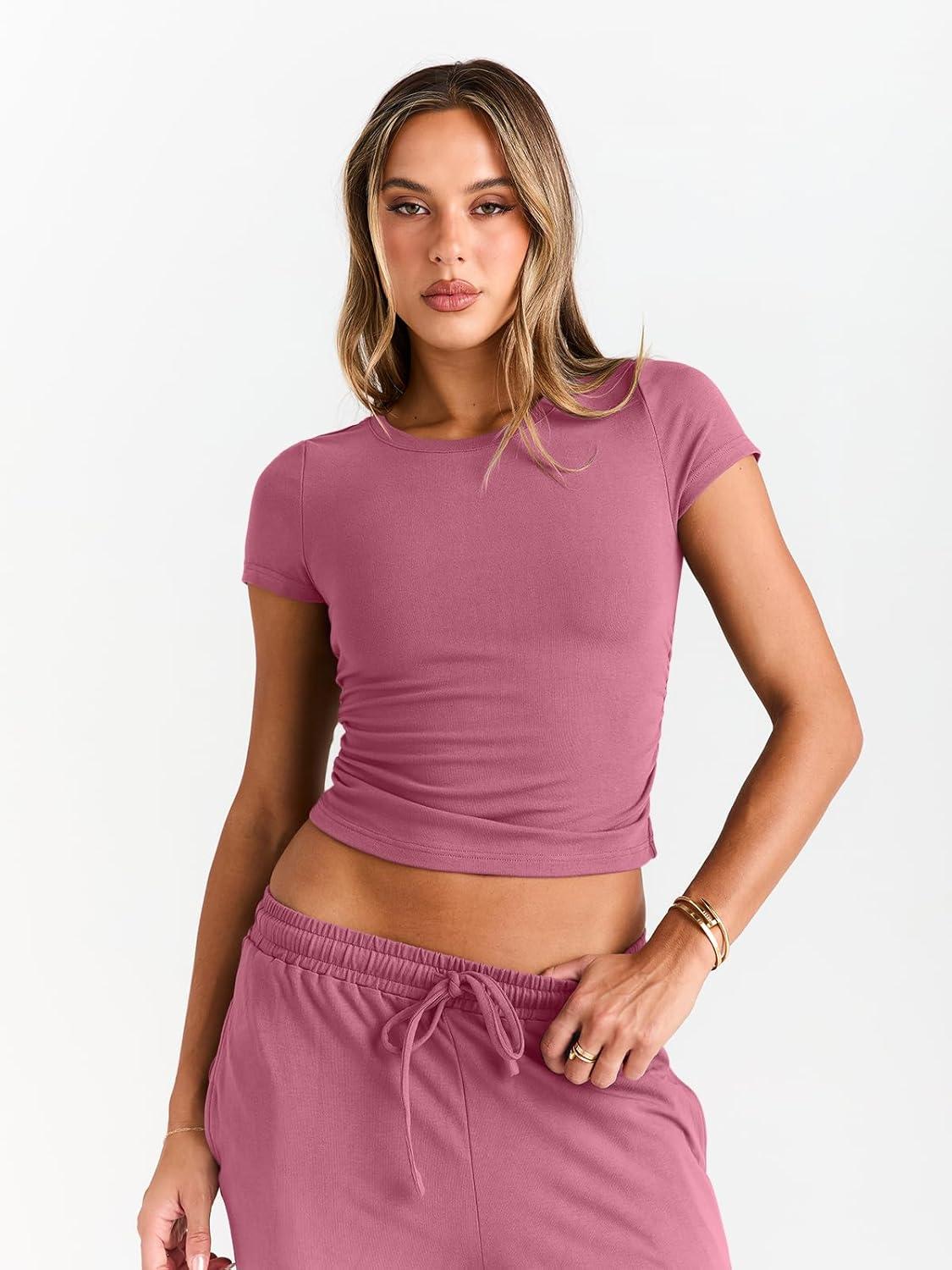 imageTrendy Queen 2 Piece Matching Summer Sweatsuit Lounge Set Womens Wide Leg Pants Side Ruching Crop Top SetsRose