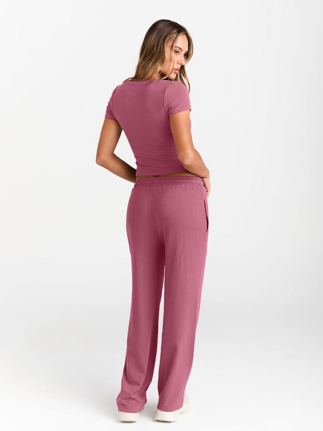 imageTrendy Queen 2 Piece Matching Summer Sweatsuit Lounge Set Womens Wide Leg Pants Side Ruching Crop Top SetsRose