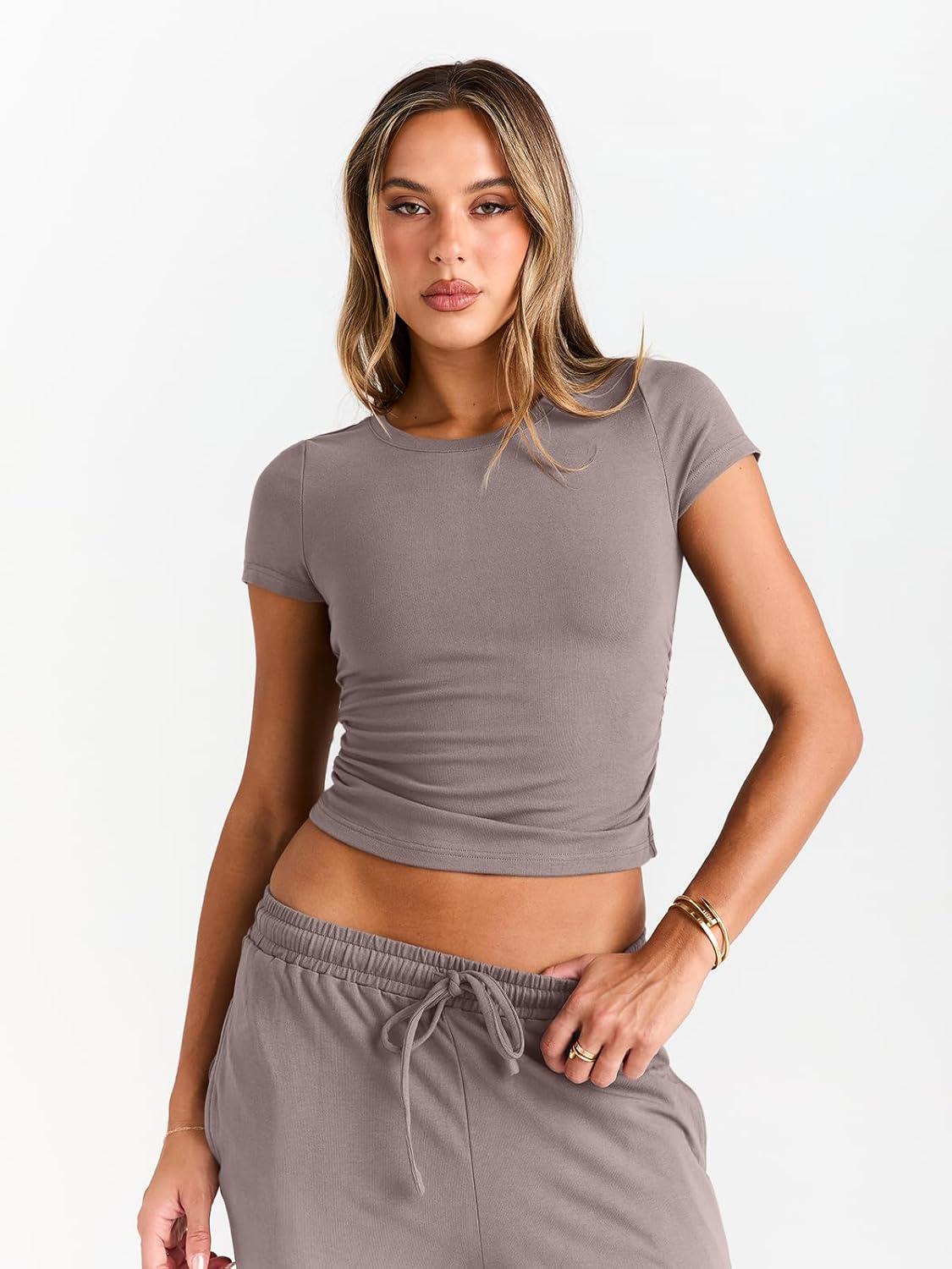 imageTrendy Queen 2 Piece Matching Summer Sweatsuit Lounge Set Womens Wide Leg Pants Side Ruching Crop Top SetsRose Taupe