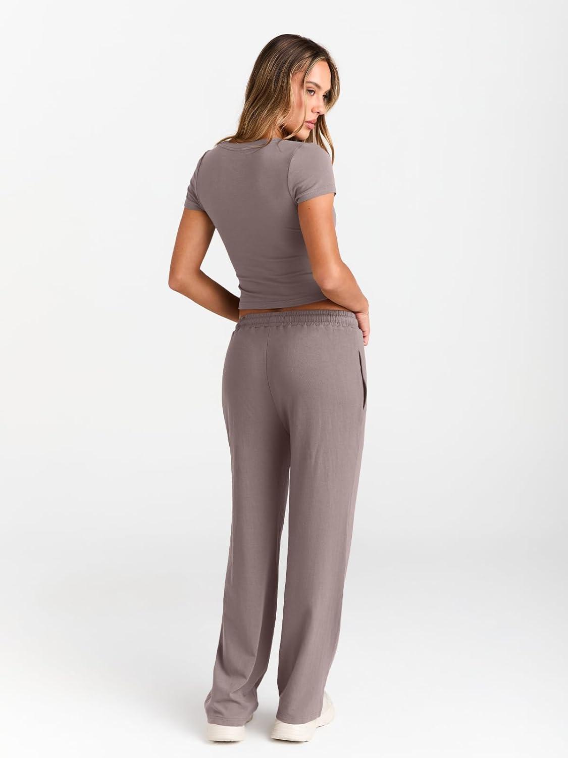 imageTrendy Queen 2 Piece Matching Summer Sweatsuit Lounge Set Womens Wide Leg Pants Side Ruching Crop Top SetsRose Taupe