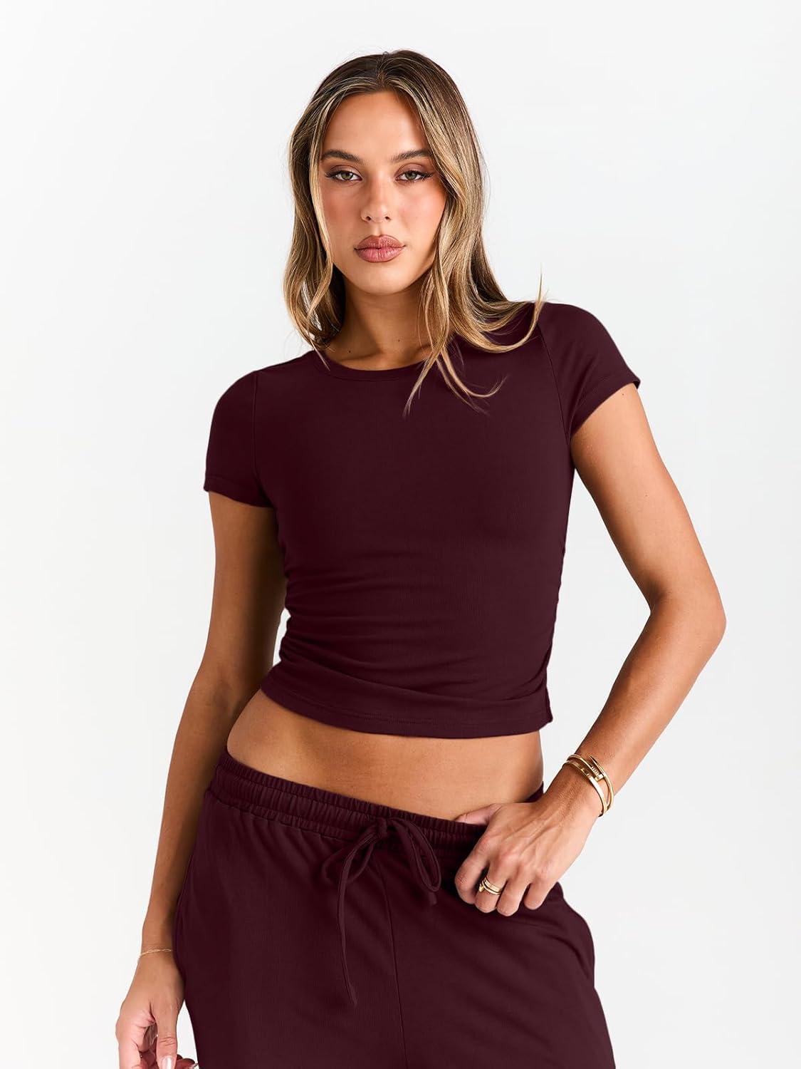 imageTrendy Queen 2 Piece Matching Summer Sweatsuit Lounge Set Womens Wide Leg Pants Side Ruching Crop Top SetsWine