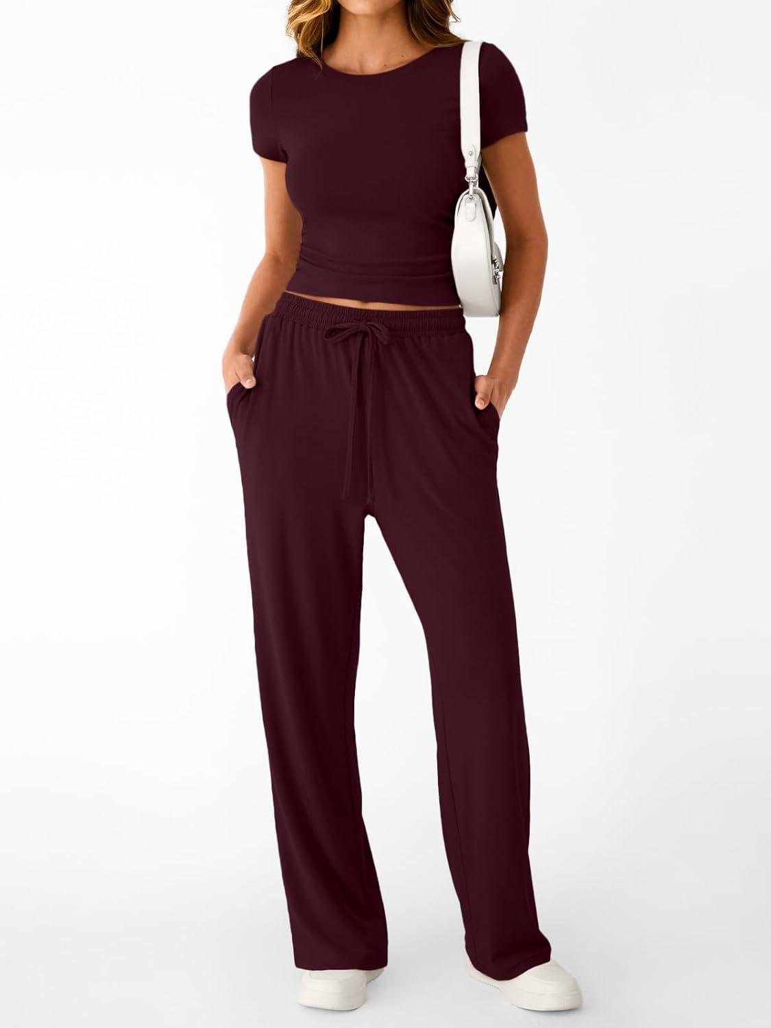 imageTrendy Queen 2 Piece Matching Summer Sweatsuit Lounge Set Womens Wide Leg Pants Side Ruching Crop Top SetsWine