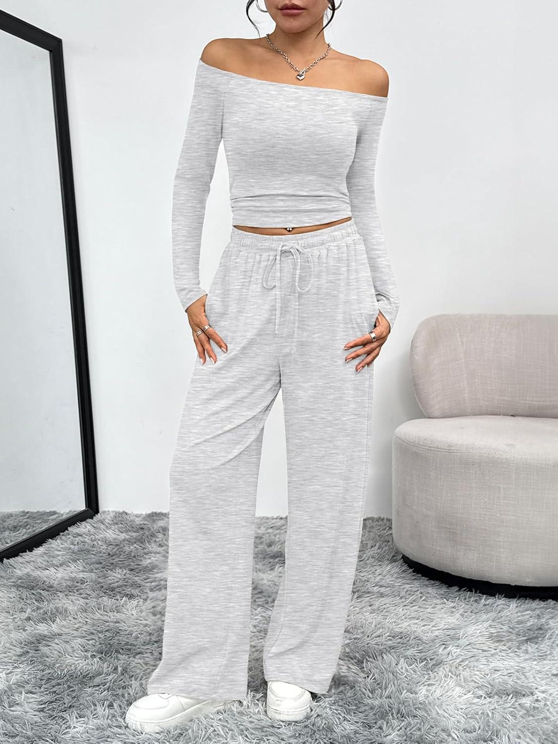 imageTrendy Queen 2 Piece Off Shoulder Lounge Set Womens Wide Leg Pants Side Ruching Slightly Crop Top SetsOatmeal Grey