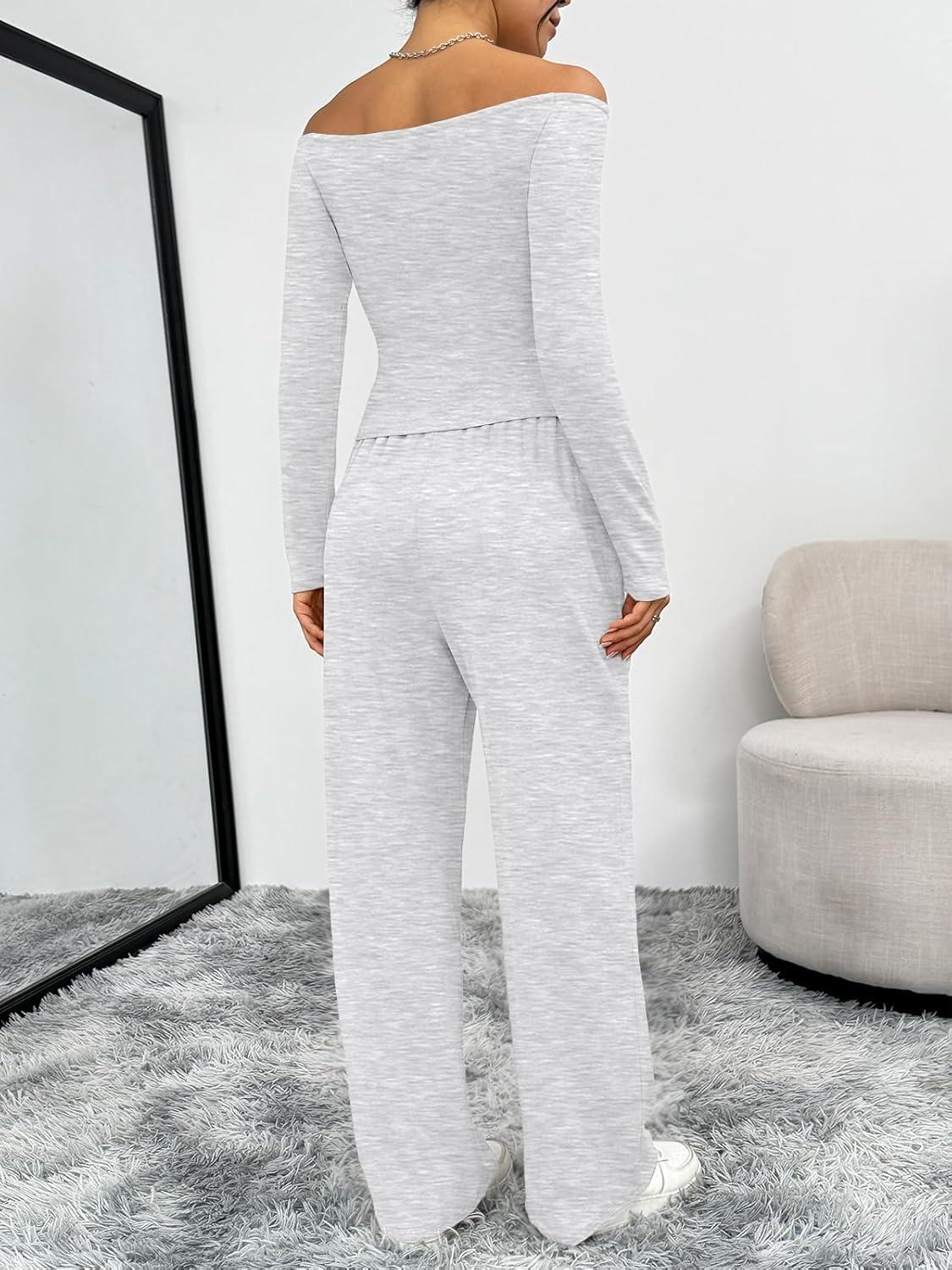 imageTrendy Queen 2 Piece Off Shoulder Lounge Set Womens Wide Leg Pants Side Ruching Slightly Crop Top SetsOatmeal Grey