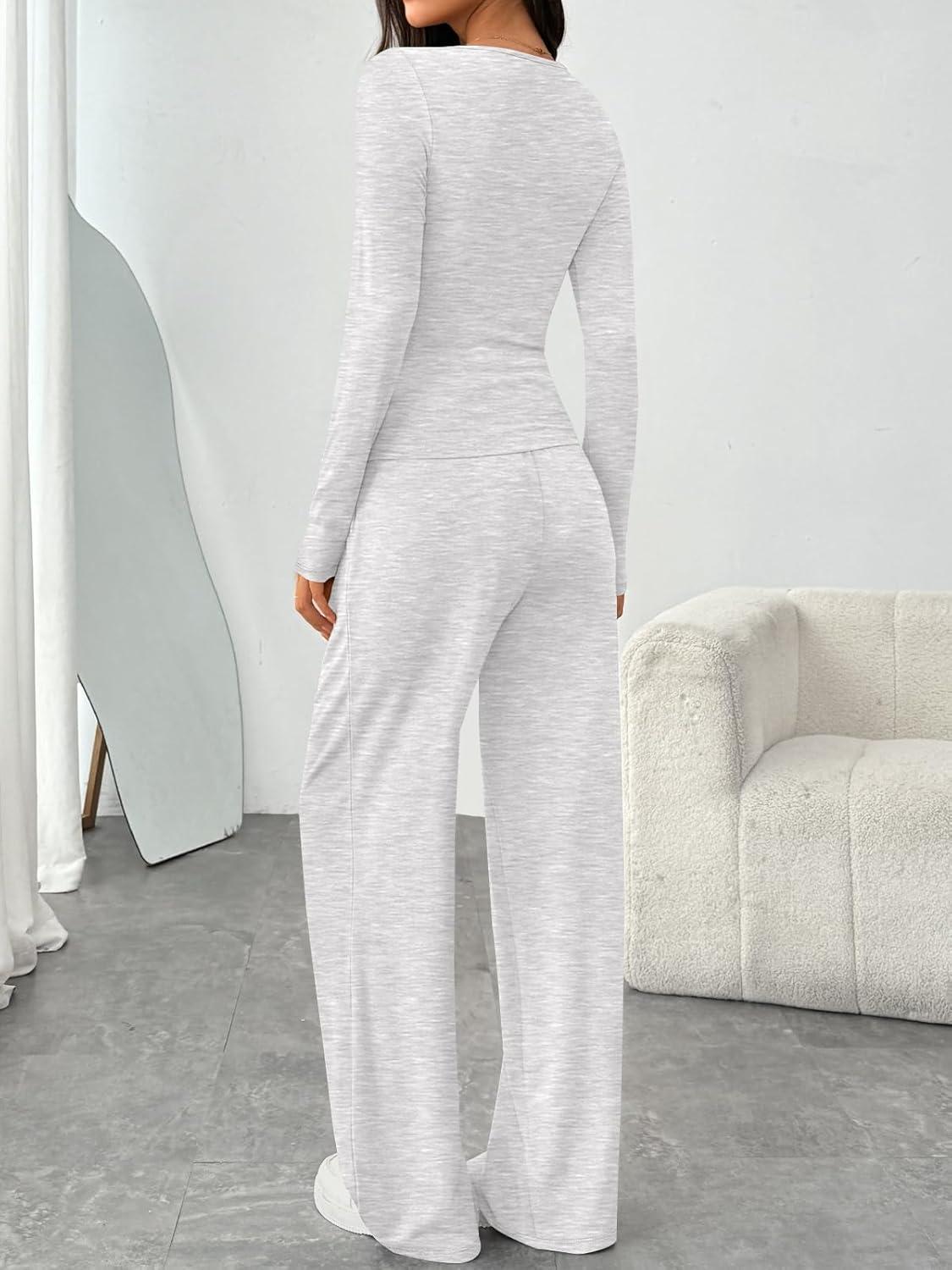 imageTrendy Queen 2 Piece Scoop Neck Lounge Set Womens Wide Leg Pants Side Ruching Slightly Crop Top Sweatsuit Sets With PocketsOatmeal Grey