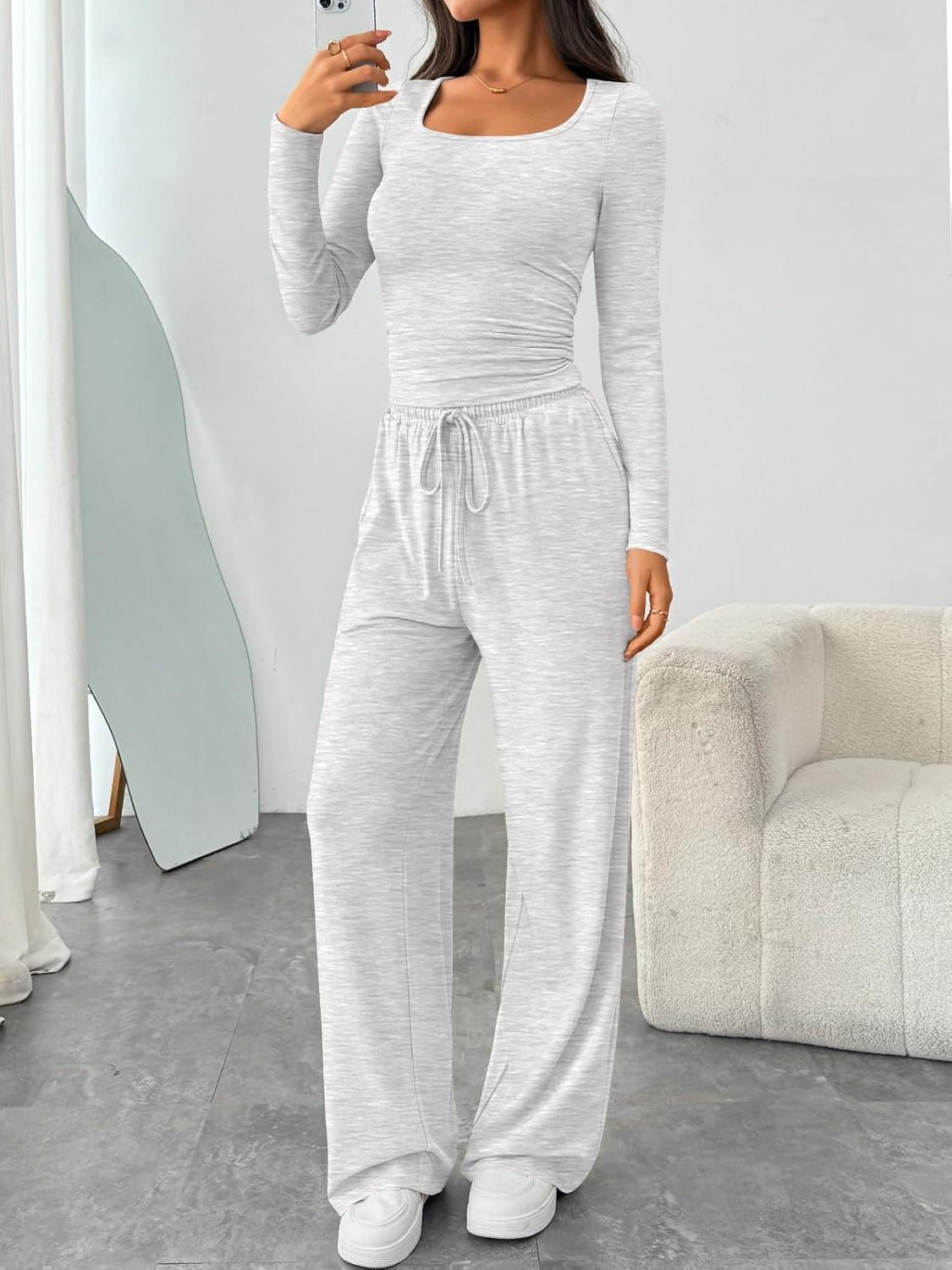 imageTrendy Queen 2 Piece Scoop Neck Lounge Set Womens Wide Leg Pants Side Ruching Slightly Crop Top Sweatsuit Sets With PocketsOatmeal Grey