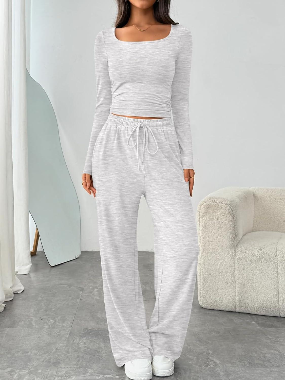 imageTrendy Queen 2 Piece Scoop Neck Lounge Set Womens Wide Leg Pants Side Ruching Slightly Crop Top Sweatsuit Sets With PocketsOatmeal Grey