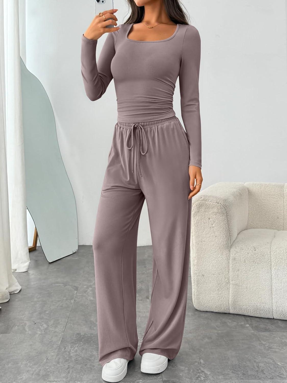 imageTrendy Queen 2 Piece Scoop Neck Lounge Set Womens Wide Leg Pants Side Ruching Slightly Crop Top Sweatsuit Sets With PocketsRose Taupe