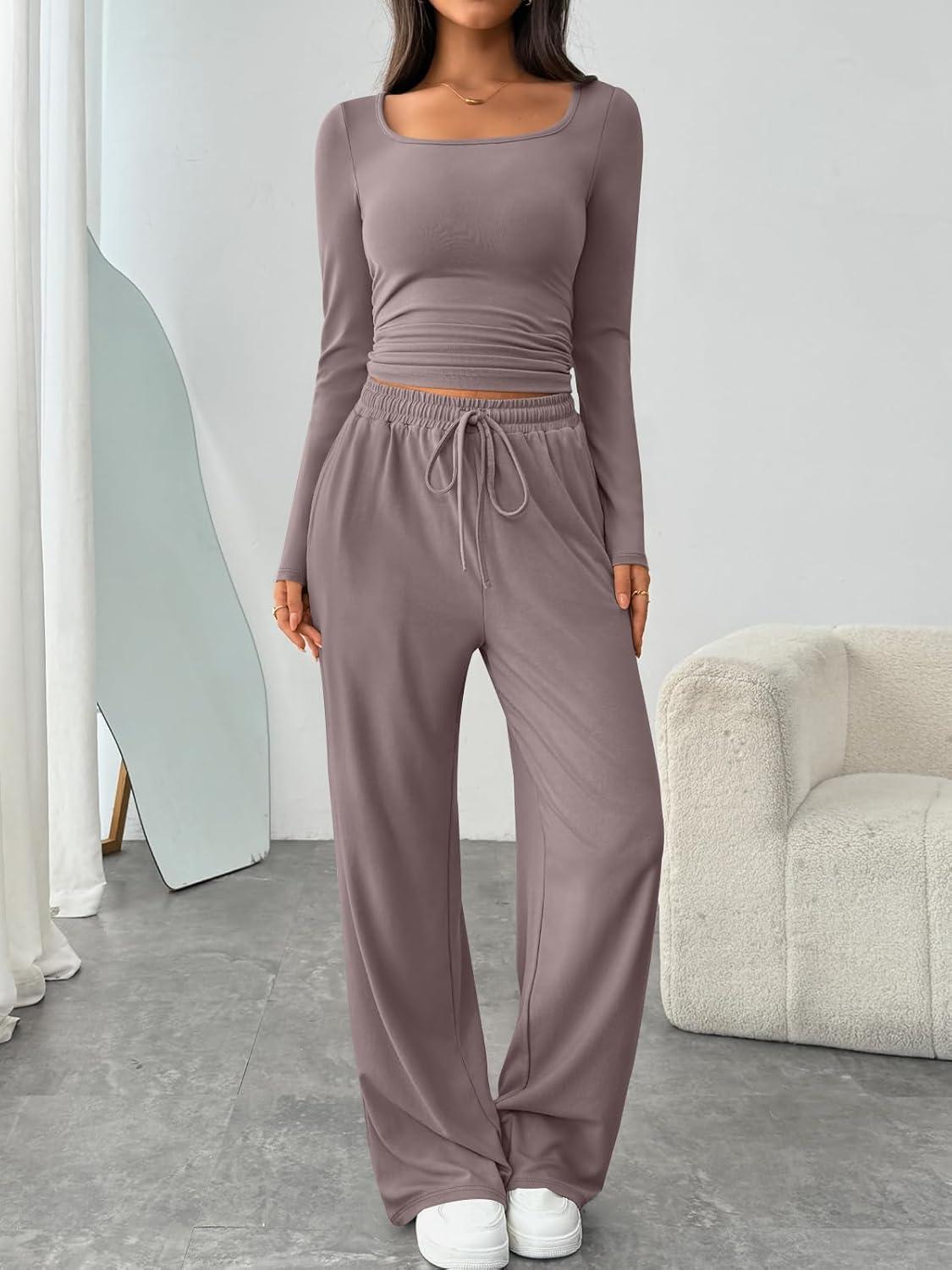 imageTrendy Queen 2 Piece Scoop Neck Lounge Set Womens Wide Leg Pants Side Ruching Slightly Crop Top Sweatsuit Sets With PocketsRose Taupe