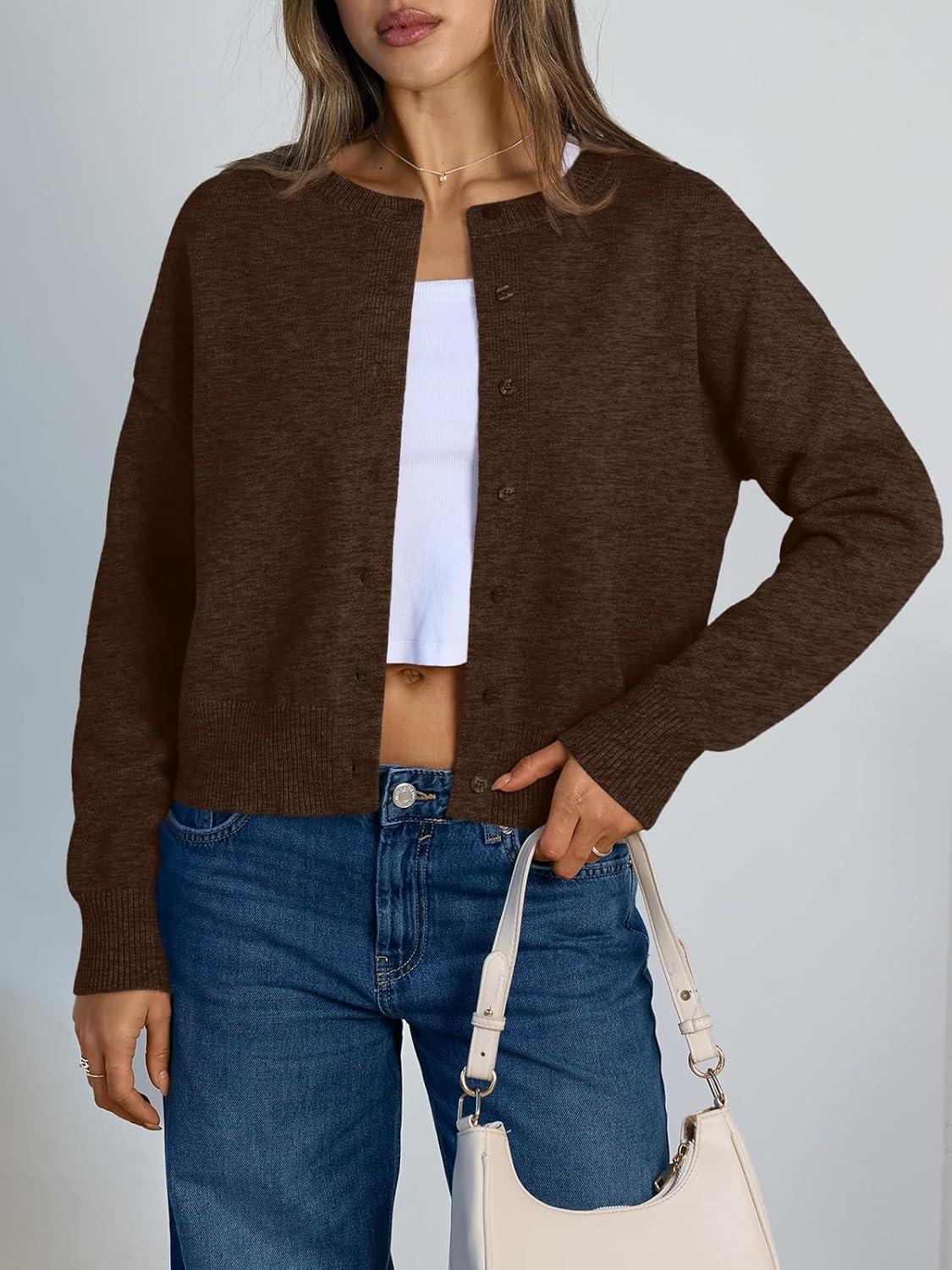 imageTrendy Queen Cropped Cardigan Sweaters for Women Lightweight Crop Knit Y2k Fall Outfits Fashion Clothes 2025Chocolate Brown