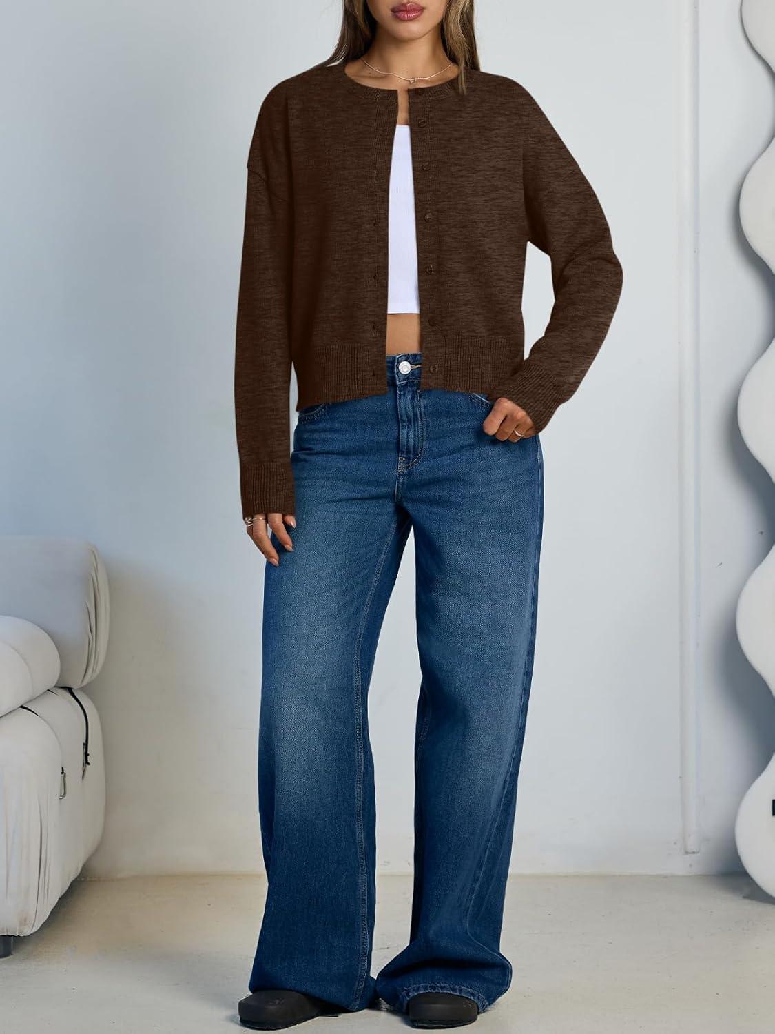 imageTrendy Queen Cropped Cardigan Sweaters for Women Lightweight Crop Knit Y2k Fall Outfits Fashion Clothes 2025Chocolate Brown