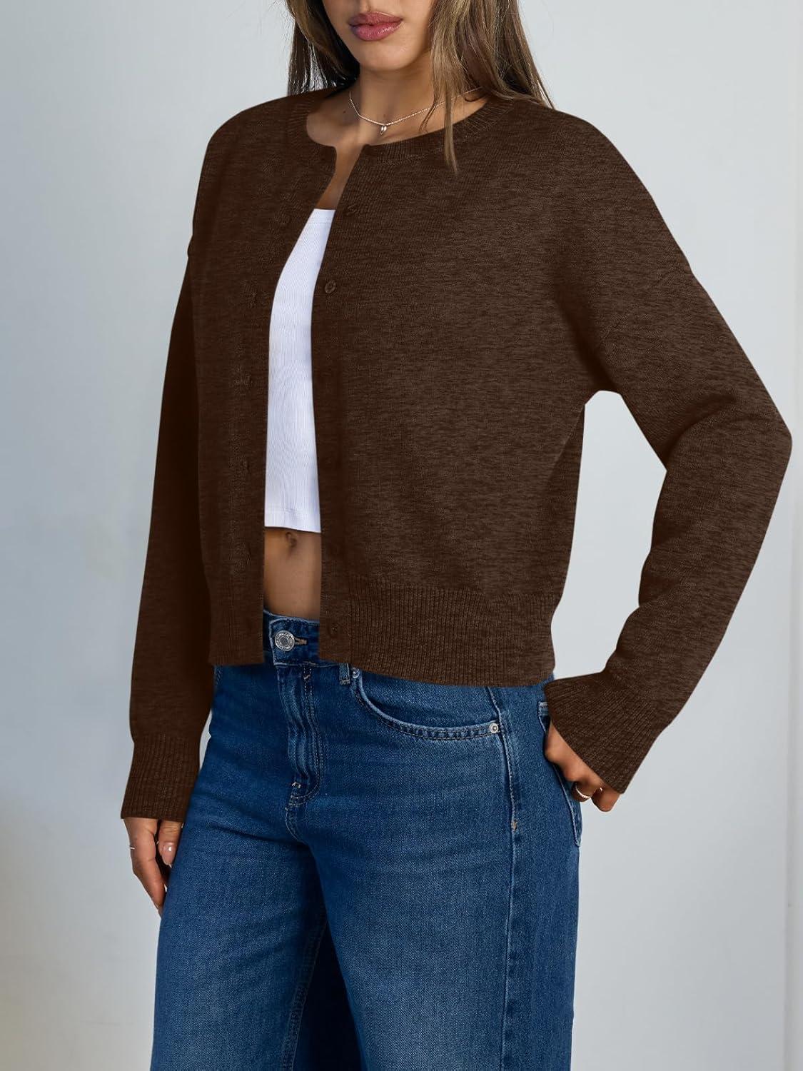 imageTrendy Queen Cropped Cardigan Sweaters for Women Lightweight Crop Knit Y2k Fall Outfits Fashion Clothes 2025Chocolate Brown