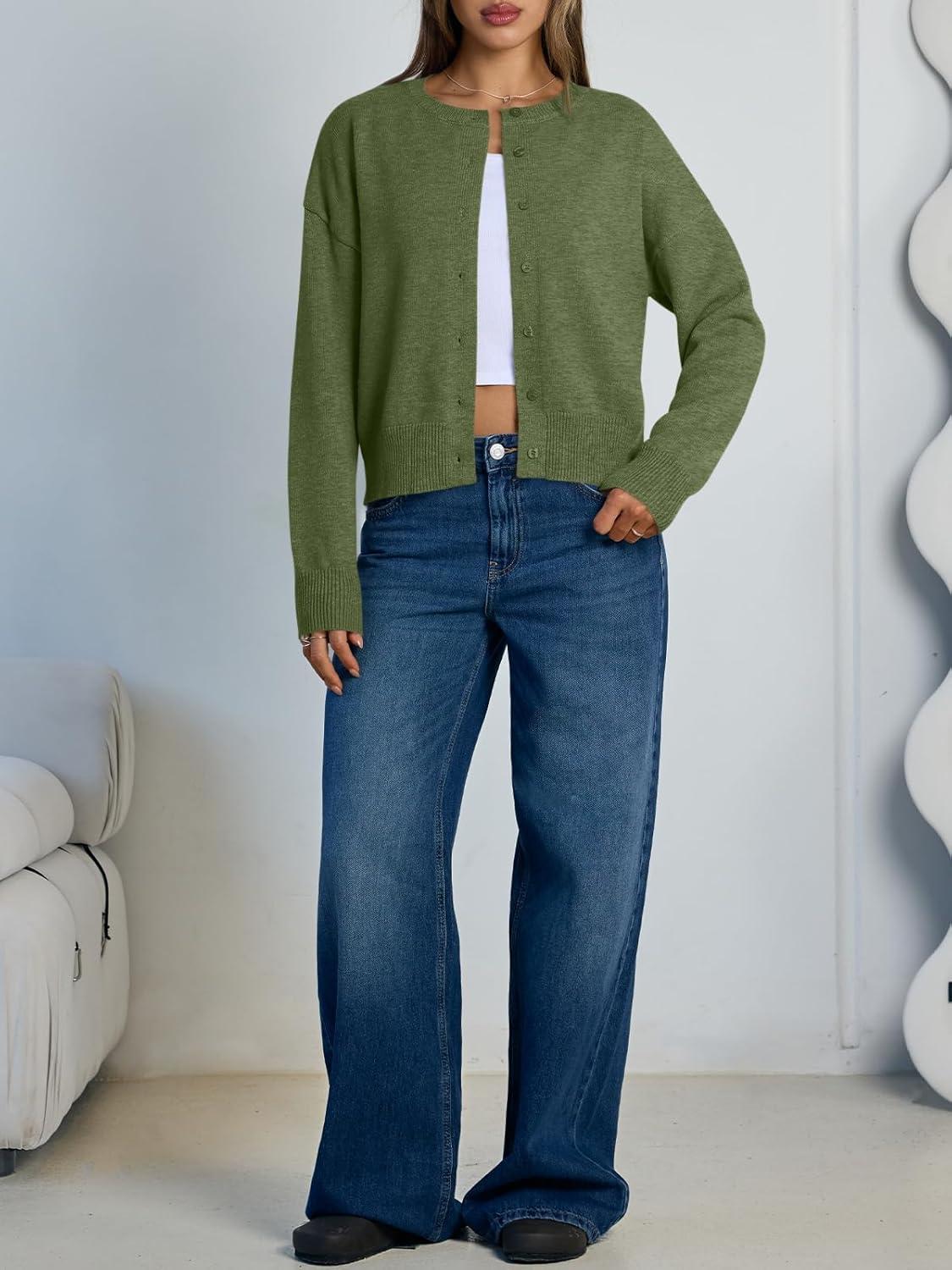 imageTrendy Queen Cropped Cardigan Sweaters for Women Lightweight Crop Knit Y2k Fall Outfits Fashion Clothes 2025Green