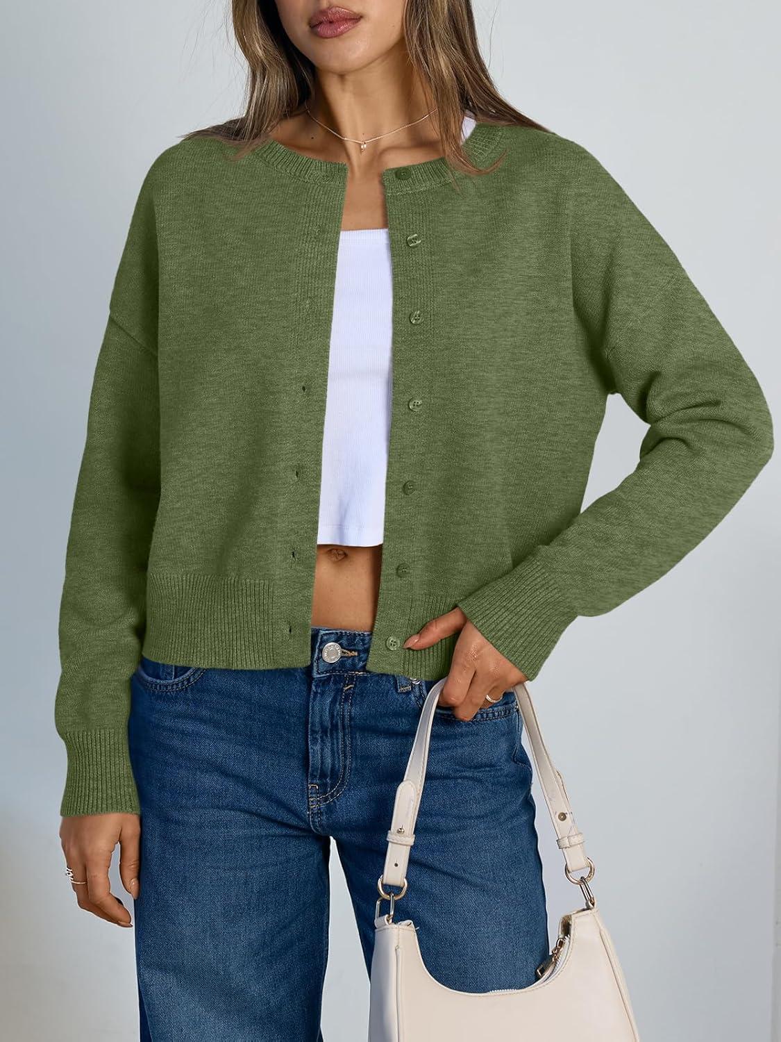 imageTrendy Queen Cropped Cardigan Sweaters for Women Lightweight Crop Knit Y2k Fall Outfits Fashion Clothes 2025Green