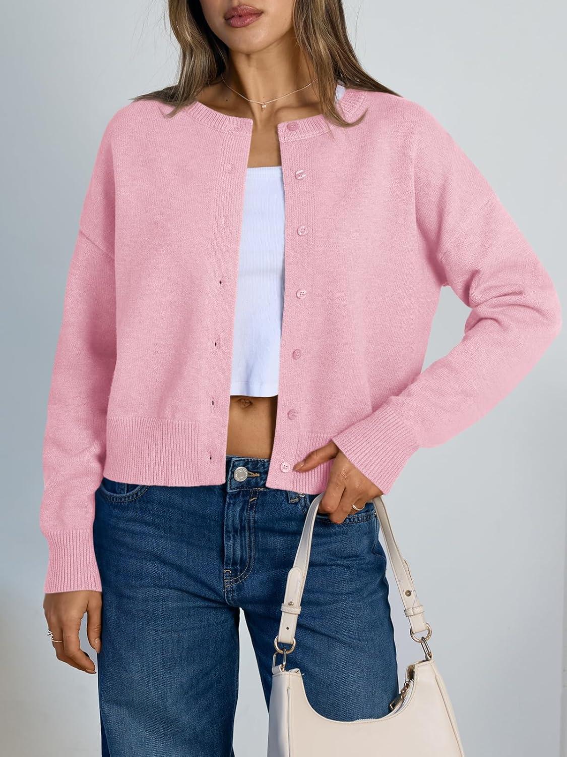 imageTrendy Queen Cropped Cardigan Sweaters for Women Lightweight Crop Knit Y2k Fall Outfits Fashion Clothes 2025Light Pink