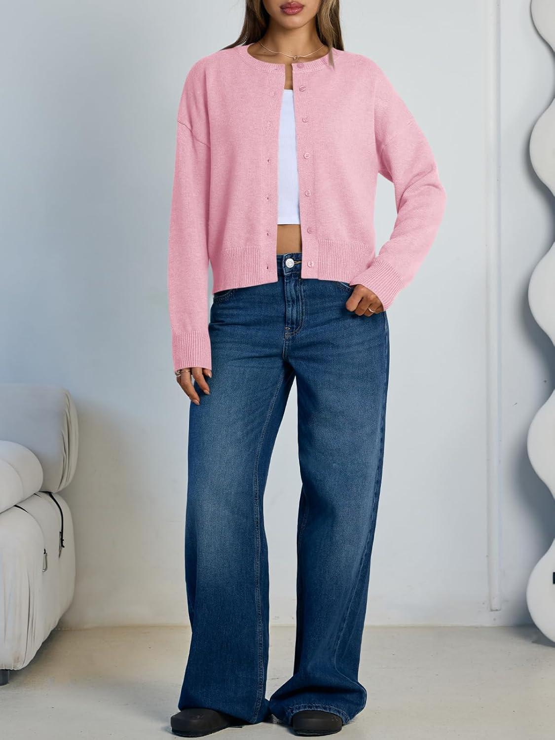 imageTrendy Queen Cropped Cardigan Sweaters for Women Lightweight Crop Knit Y2k Fall Outfits Fashion Clothes 2025Light Pink