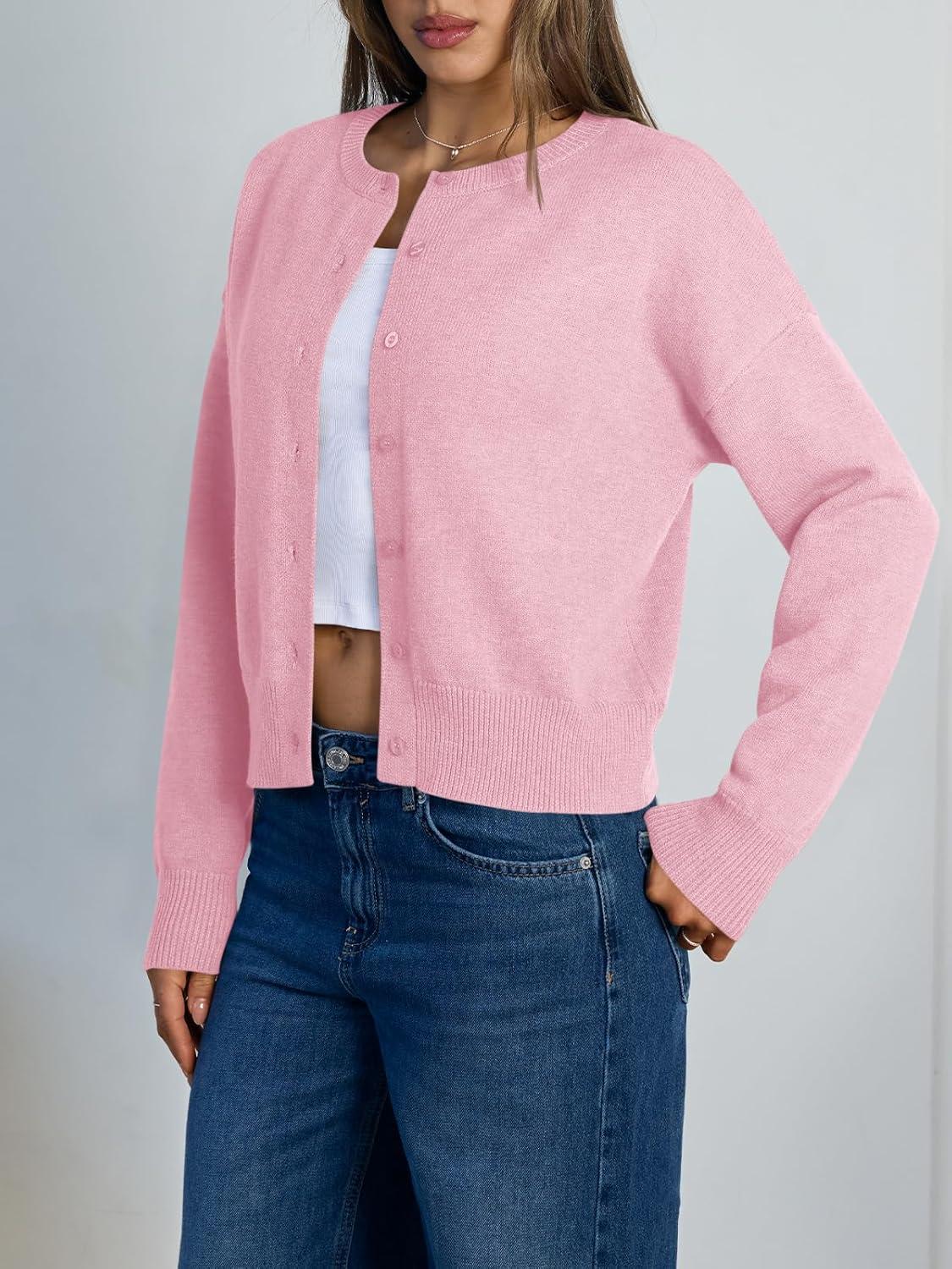 imageTrendy Queen Cropped Cardigan Sweaters for Women Lightweight Crop Knit Y2k Fall Outfits Fashion Clothes 2025Light Pink