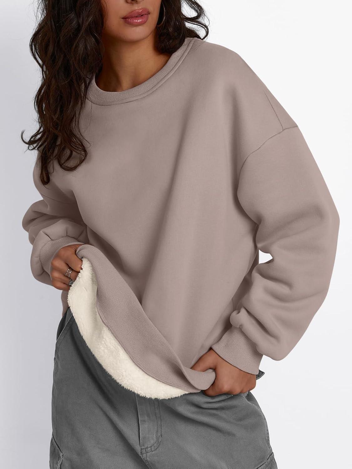 imageTrendy Queen Fleece Sherpa Lined Sweatshirts for Women 2025 Fall Fashion Winter Crewneck Pullover Hoodies Outfits ClothesCoffee Grey