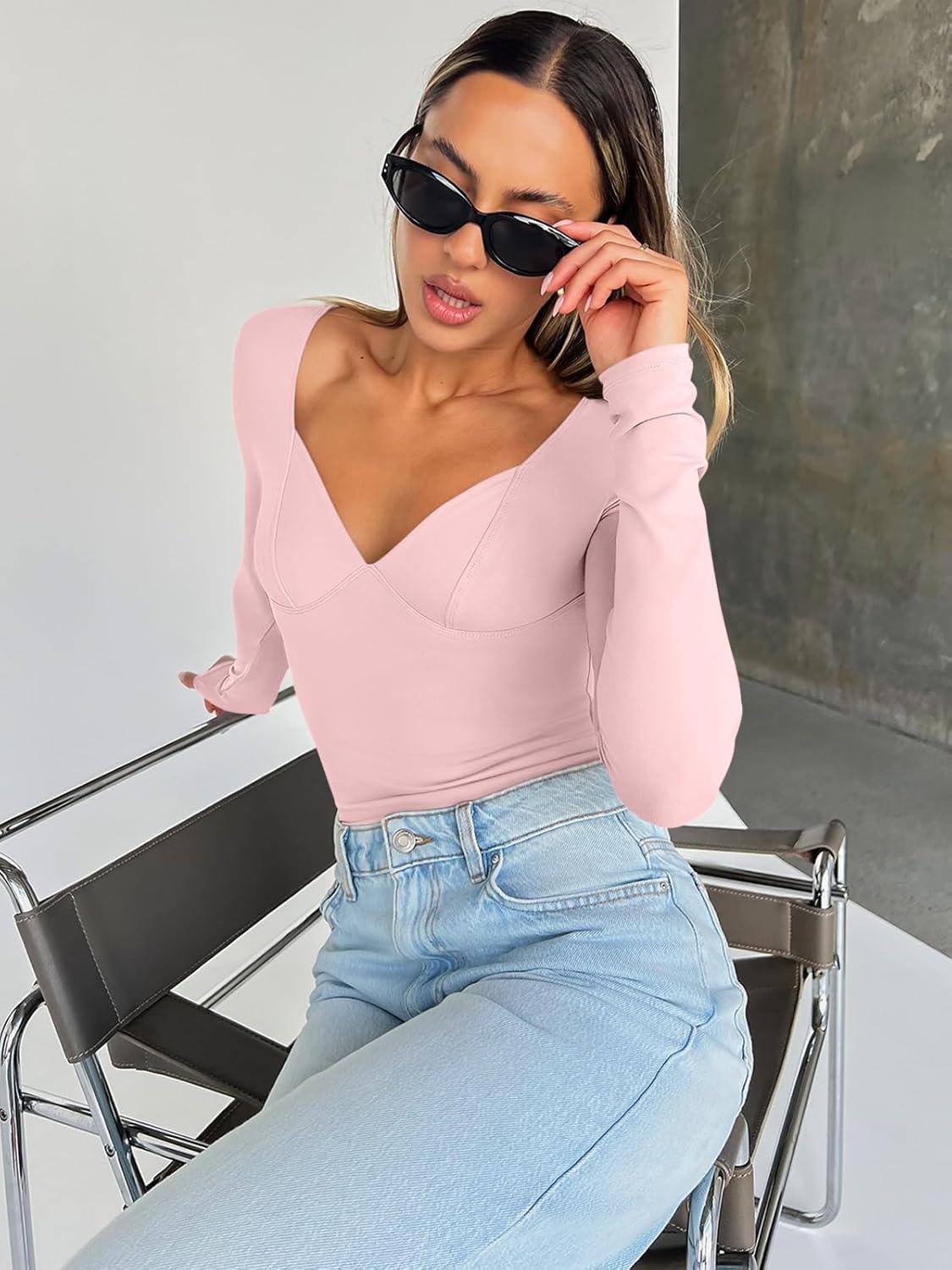 imageTrendy Queen Going Out Tops for Women Trendy Long Sleeve Shirts Fashion Clothing V Neck Basic Y2K Clothes Cute Shirt CorsetPink
