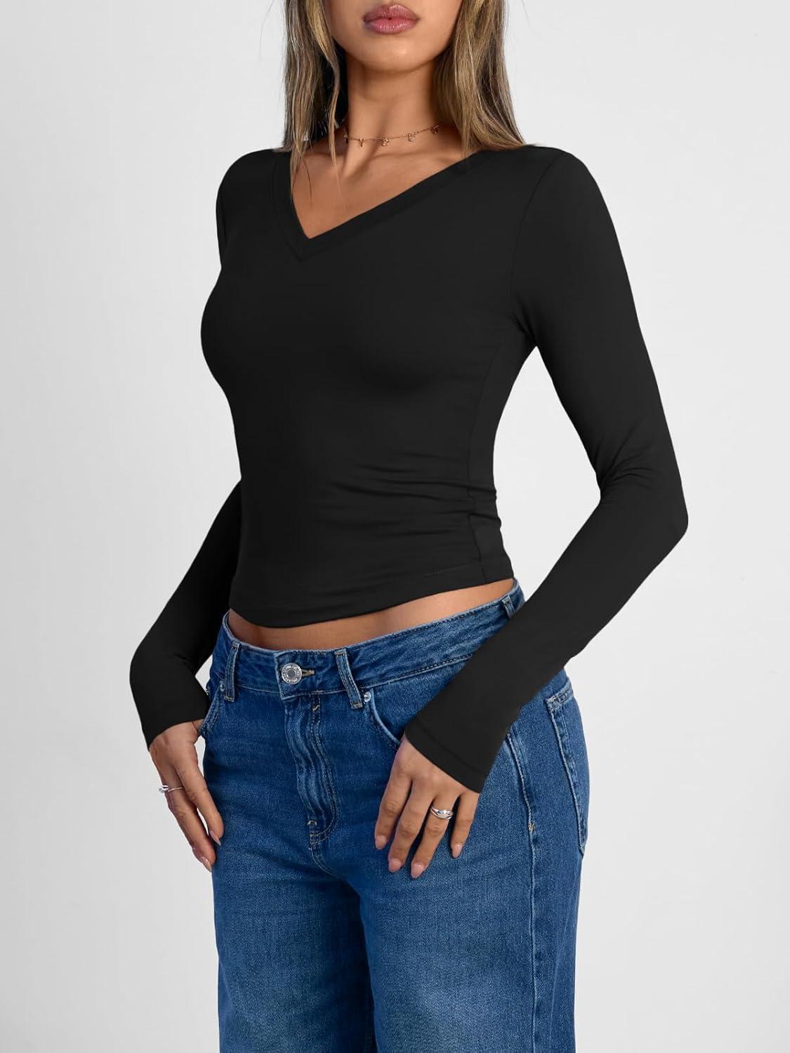 imageTrendy Queen Long Sleeve Shirts for Women 2025 Fall Fashion V Neck Basics Crop Tops Slim Fitted Y2K Tops Outfits ClothesBlack