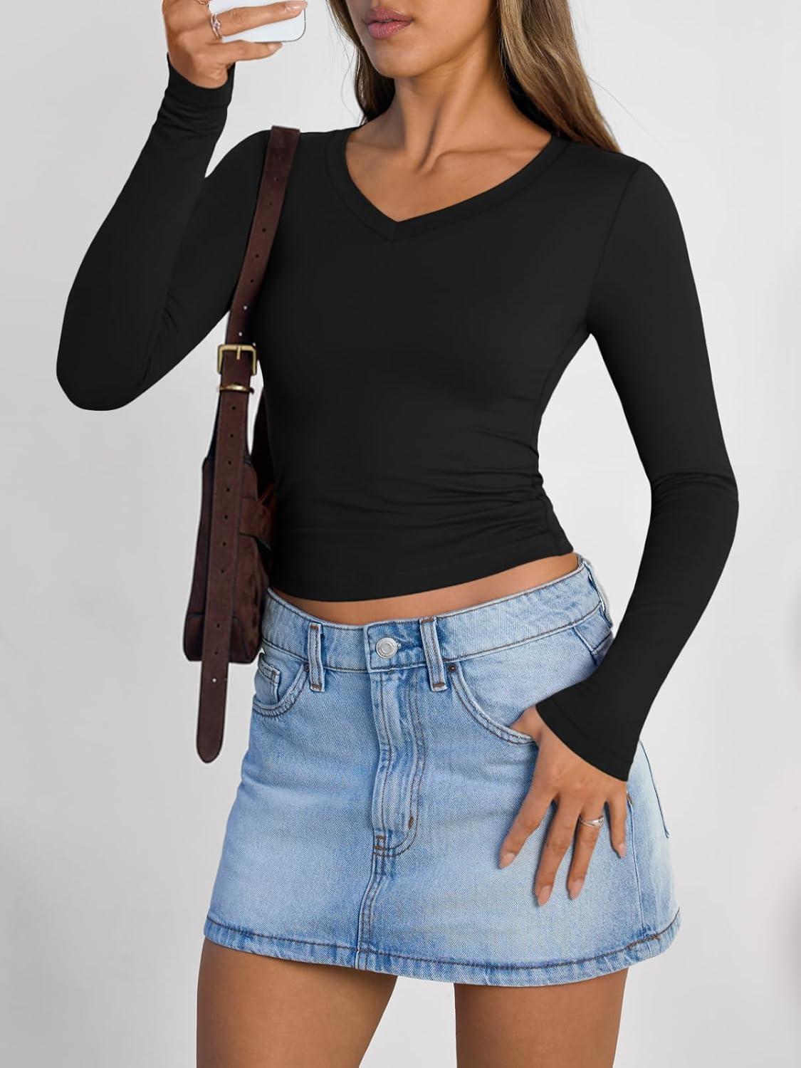 imageTrendy Queen Long Sleeve Shirts for Women 2025 Fall Fashion V Neck Basics Crop Tops Slim Fitted Y2K Tops Outfits ClothesBlack