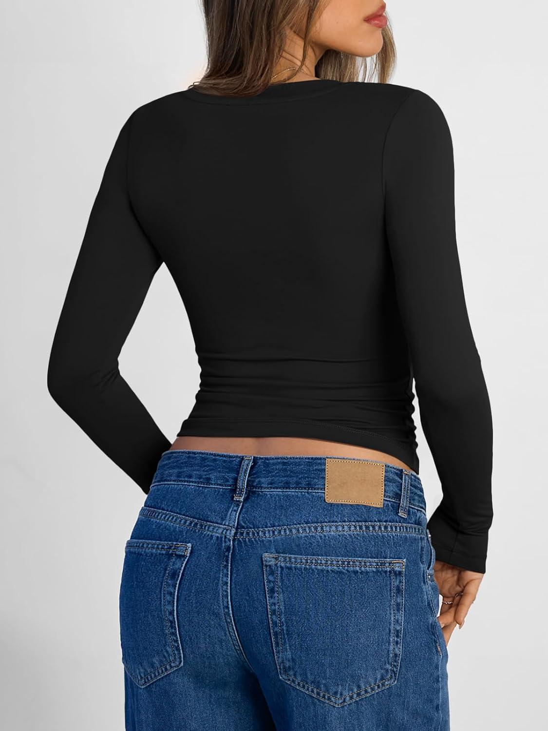 imageTrendy Queen Long Sleeve Shirts for Women 2025 Fall Fashion V Neck Basics Crop Tops Slim Fitted Y2K Tops Outfits ClothesBlack